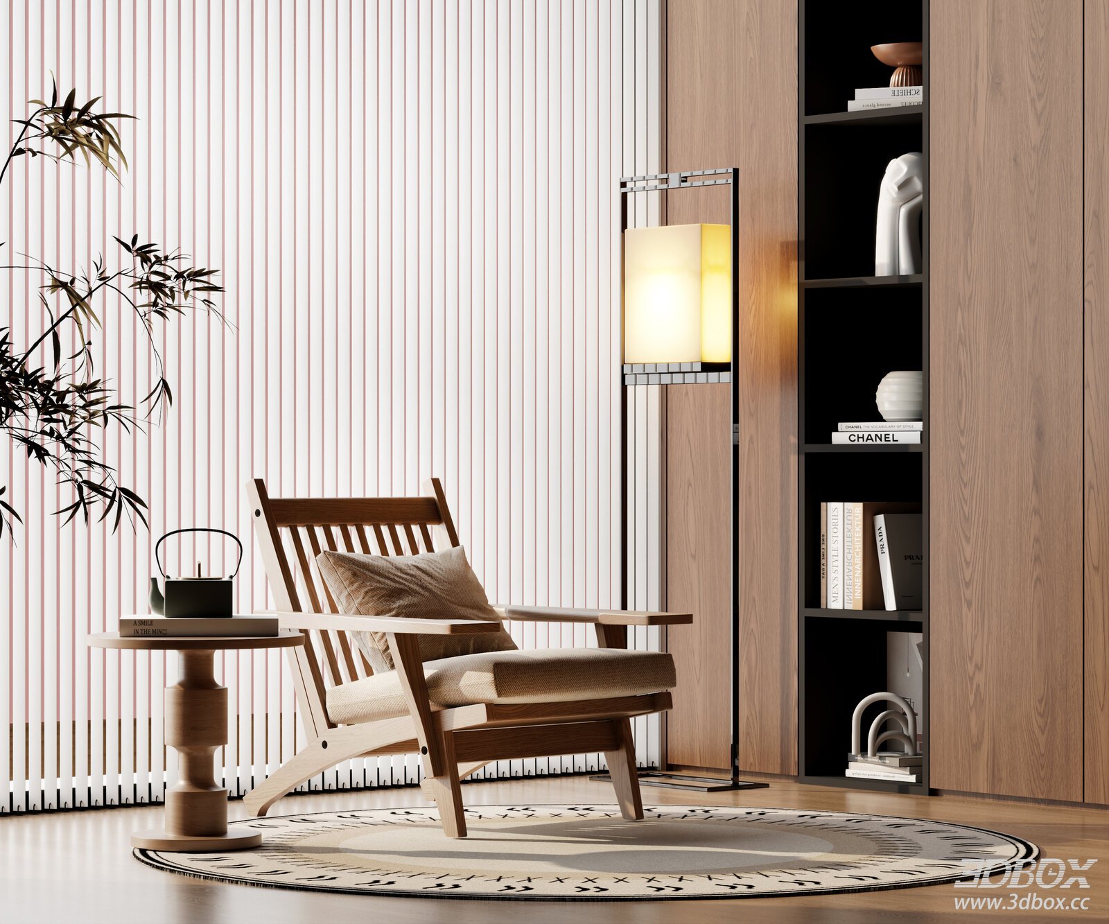 New Chinese Style Wooden Armchair Scene 3D model - front view