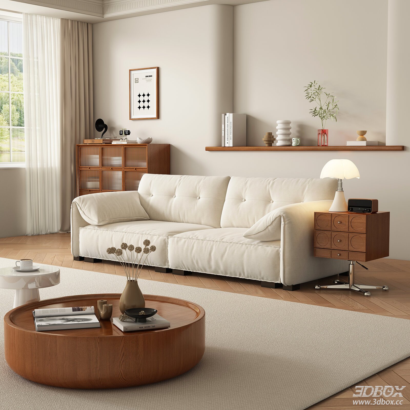 Wabi Sabi Cream Style Living Room With Fabric Sofa 3D model - front view