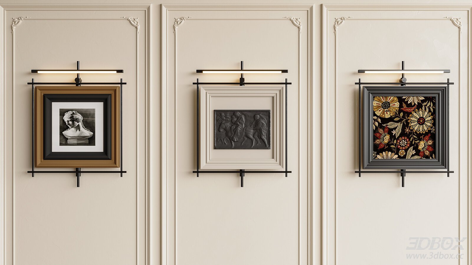 French Vintage Decorative Frame Set with Wall Sconces 3D model - front view