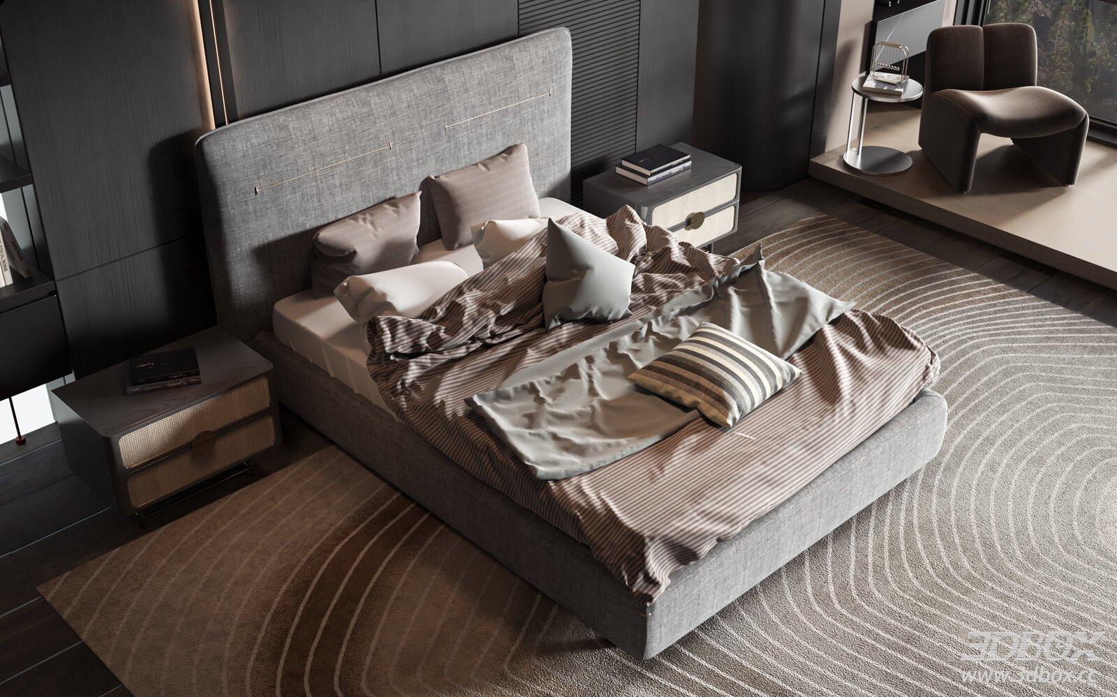 Modern Luxury Upholstered Bed Bedroom Scene 3D model - front view