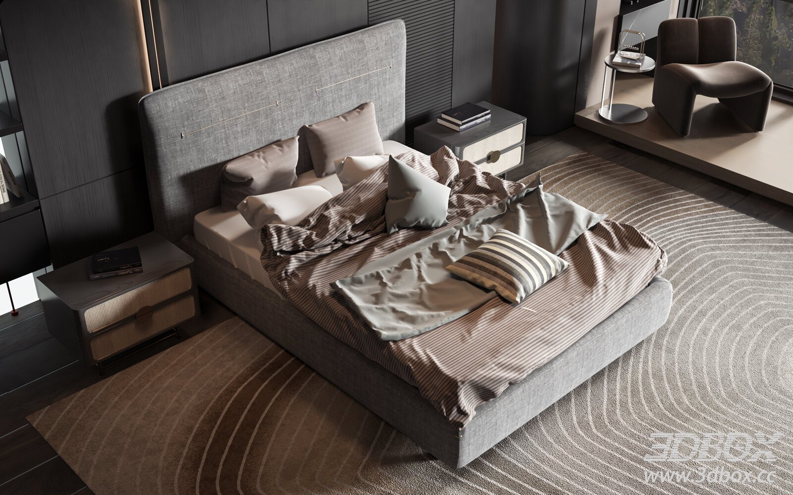 Modern Luxury Upholstered Bed Bedroom Scene 3D model - thumbnail 1