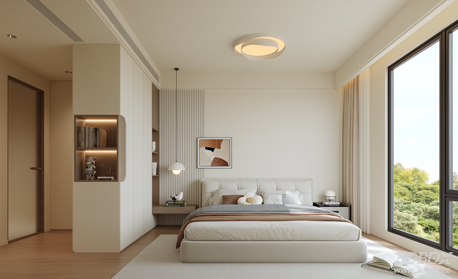 Modern Cream Style Minimalist Bedroom Interior Scene 3D model - front view
