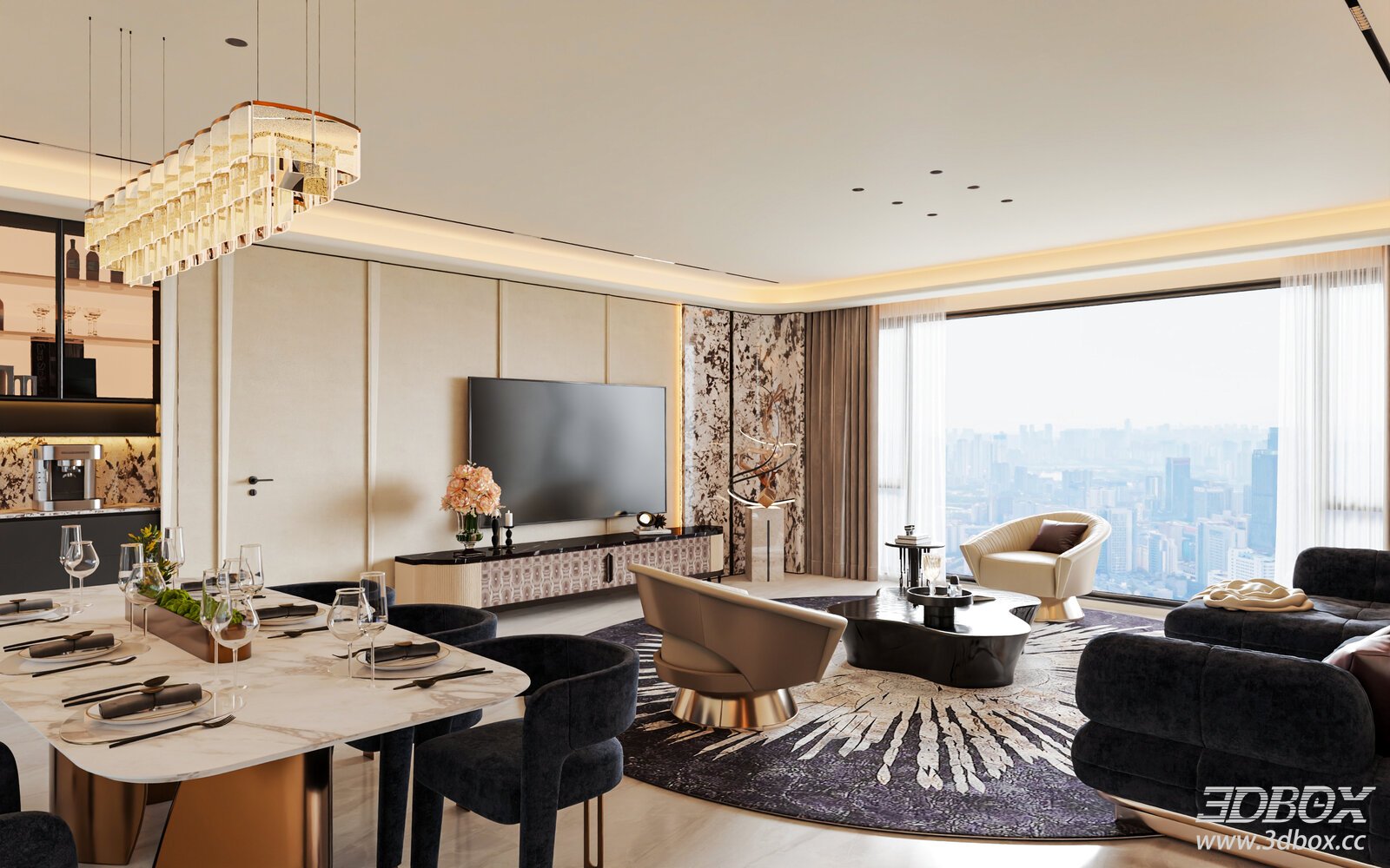 Modern Italian Luxury Living and Dining Room 3D model - front view