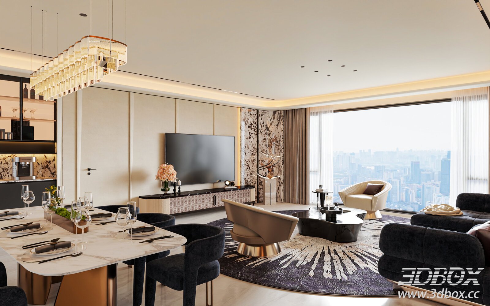 Modern Italian Luxury Living and Dining Room 3D model - thumbnail 1