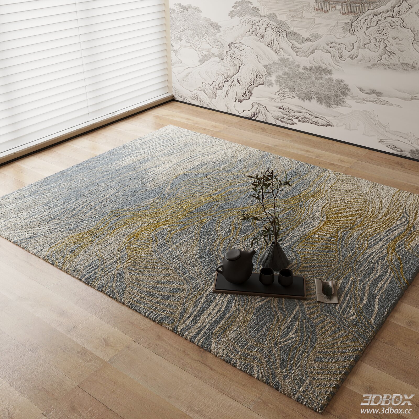 New Chinese Style Abstract Blue Gold Carpet 3D model - front view