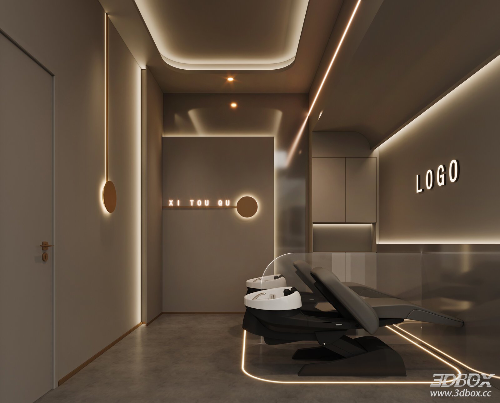 Modern Minimalist Hair Salon Shampoo Station Interior 3D model - front view