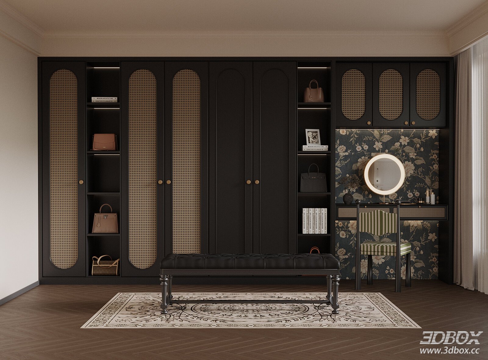 French Style Luxury Dressing Room with Rattan Wardrobe Vanity 3D model - front view