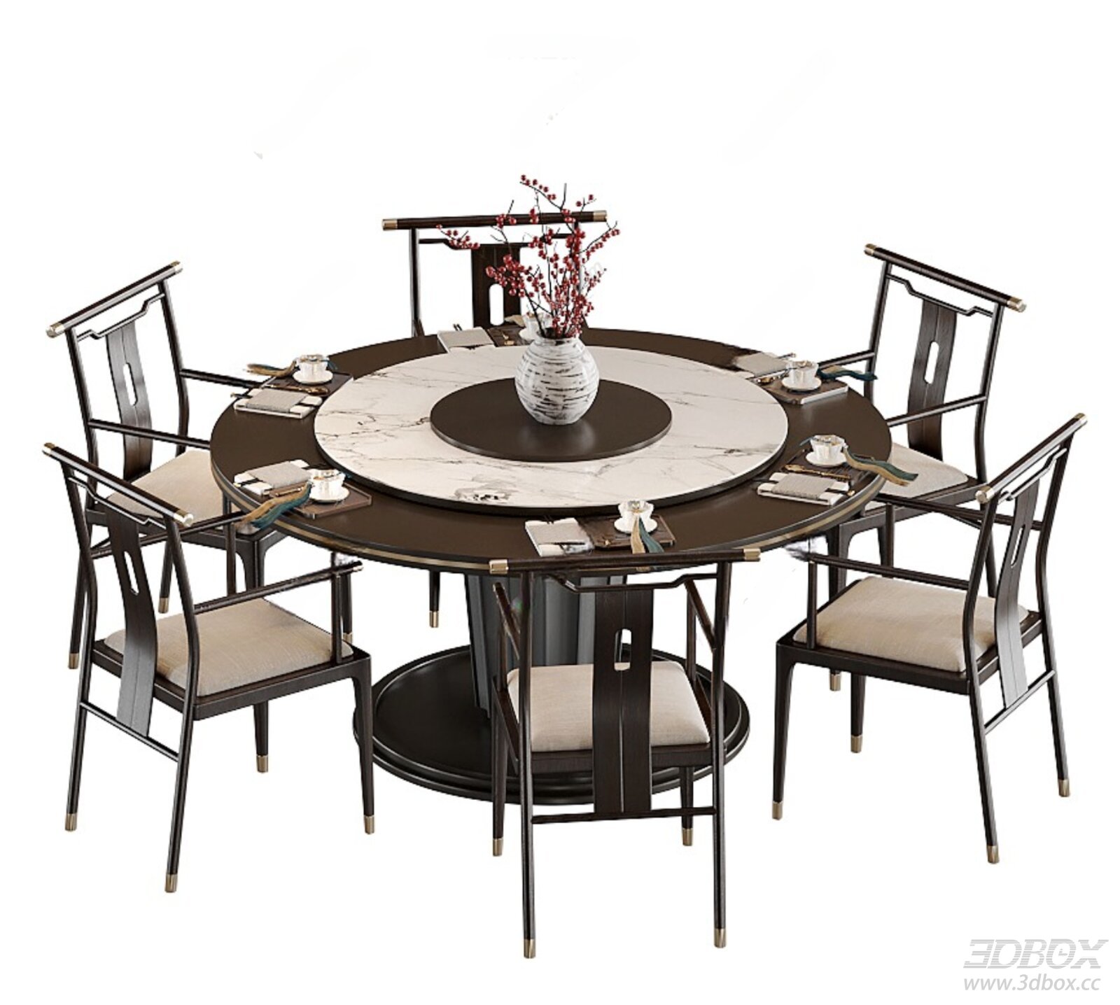New Chinese Style Round Dining Table and Chairs Set 3D model - front view