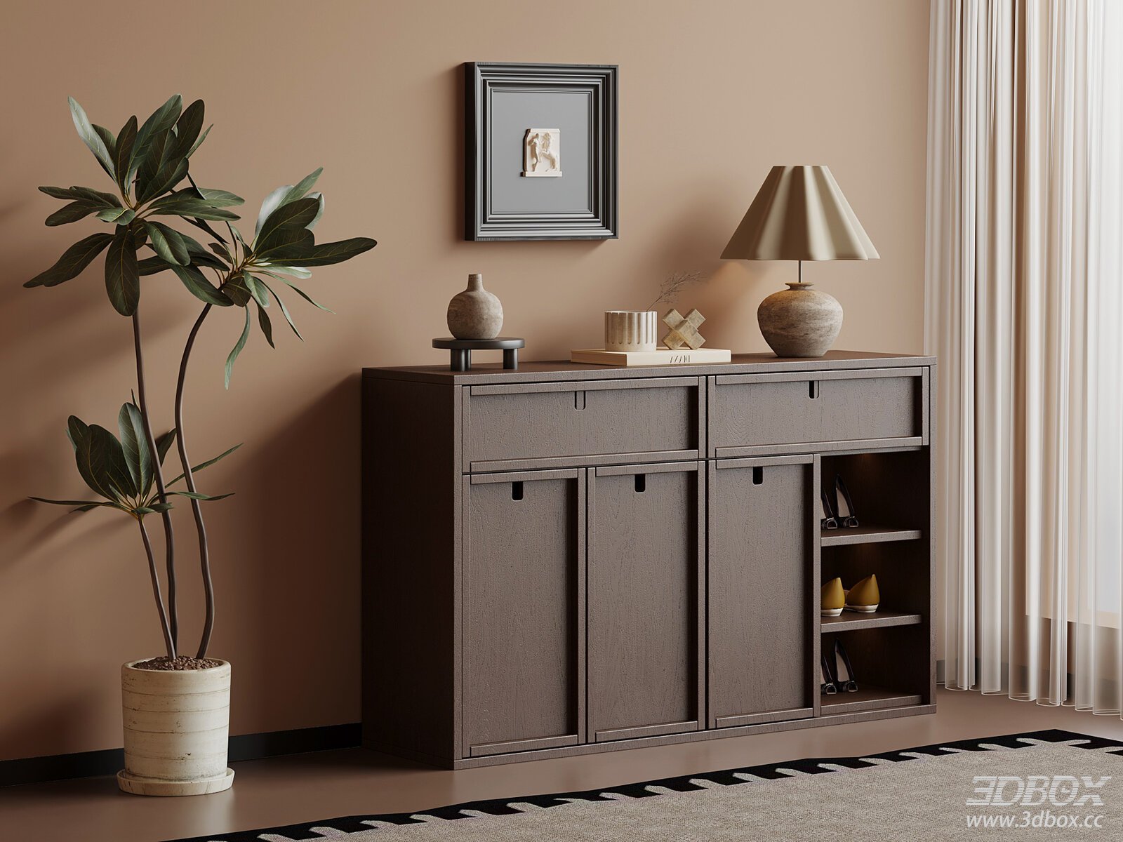 Mid-century Vintage Wooden Hallway Shoe Cabinet 3D model - front view