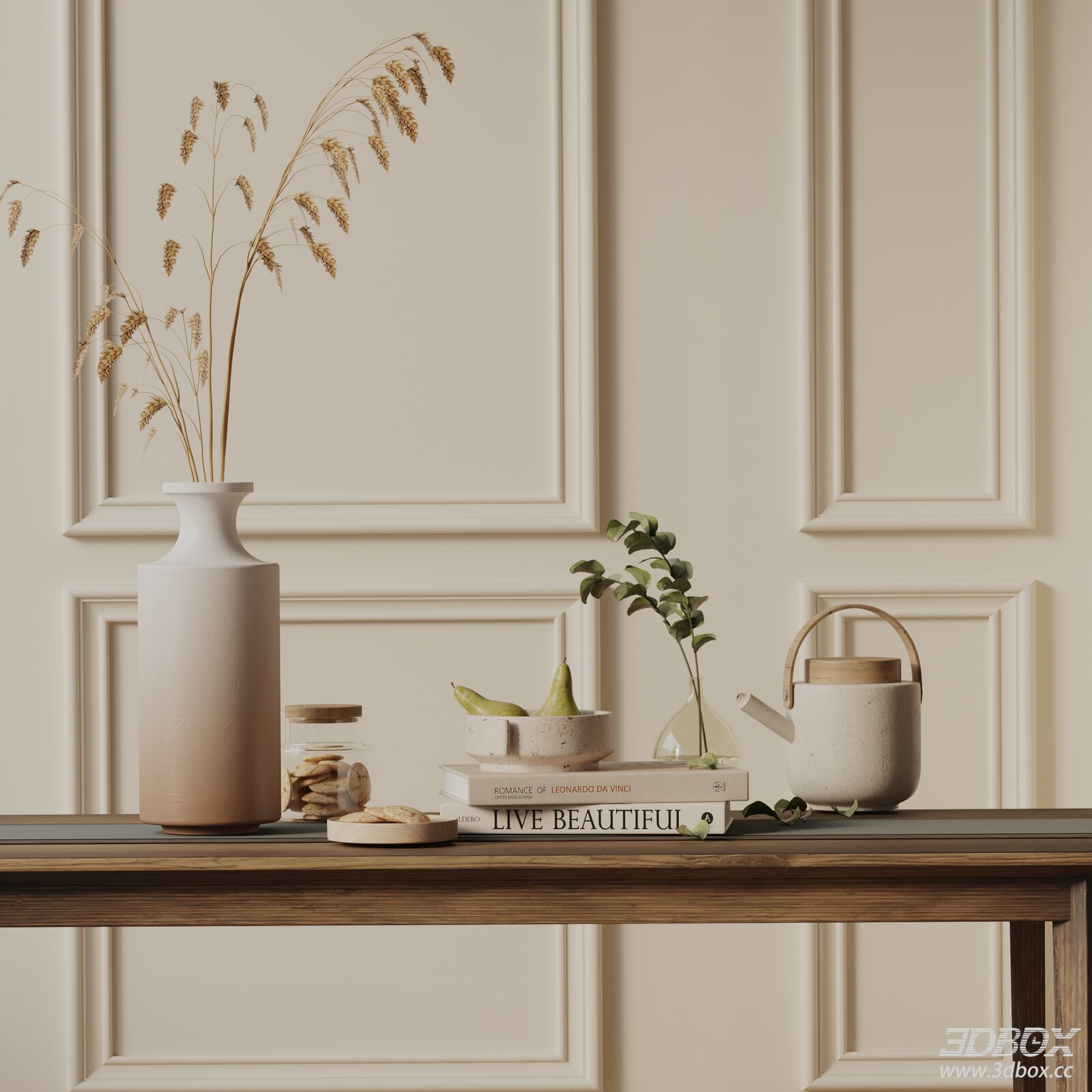 Modern Neutral Decorative Set with Vase Teapot and Books 3D model - front view