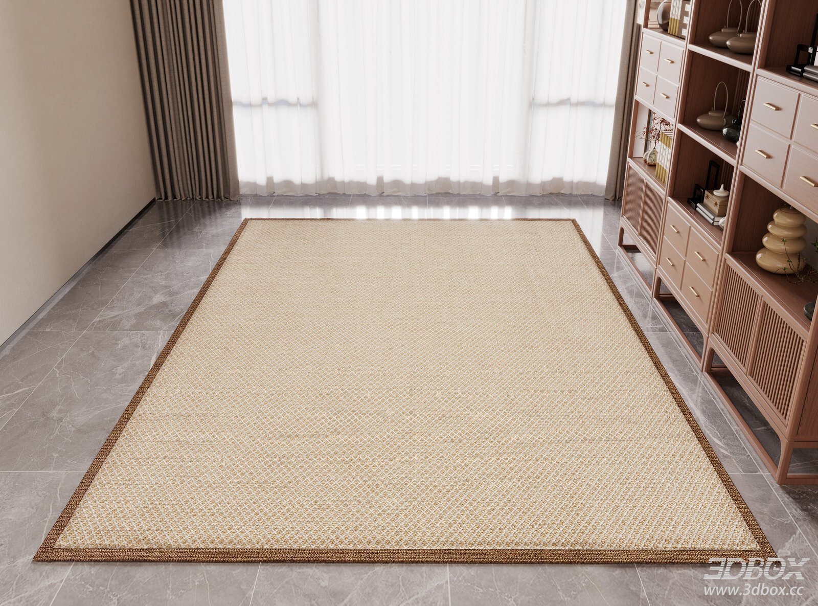 Beige Woven Linen Carpet Natural Fiber Floor Rug 3D model - front view