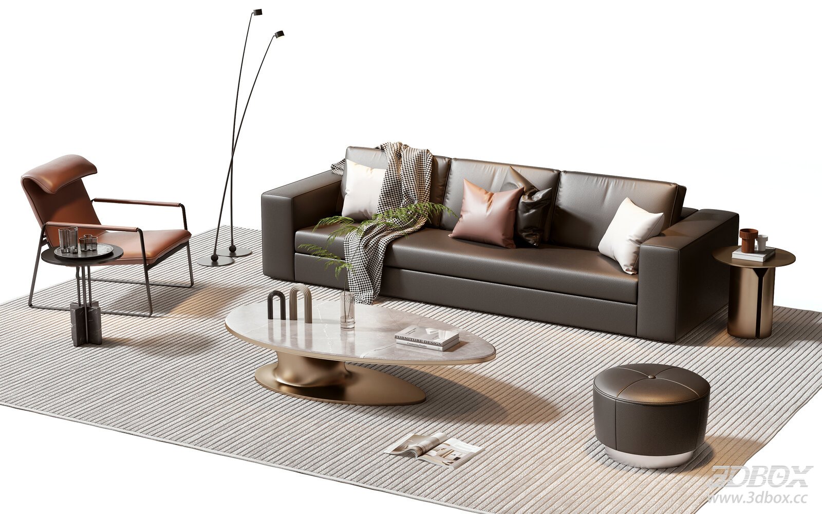 Modern Leather Sofa Set with Marble Coffee Table and Armchair 3D model - front view