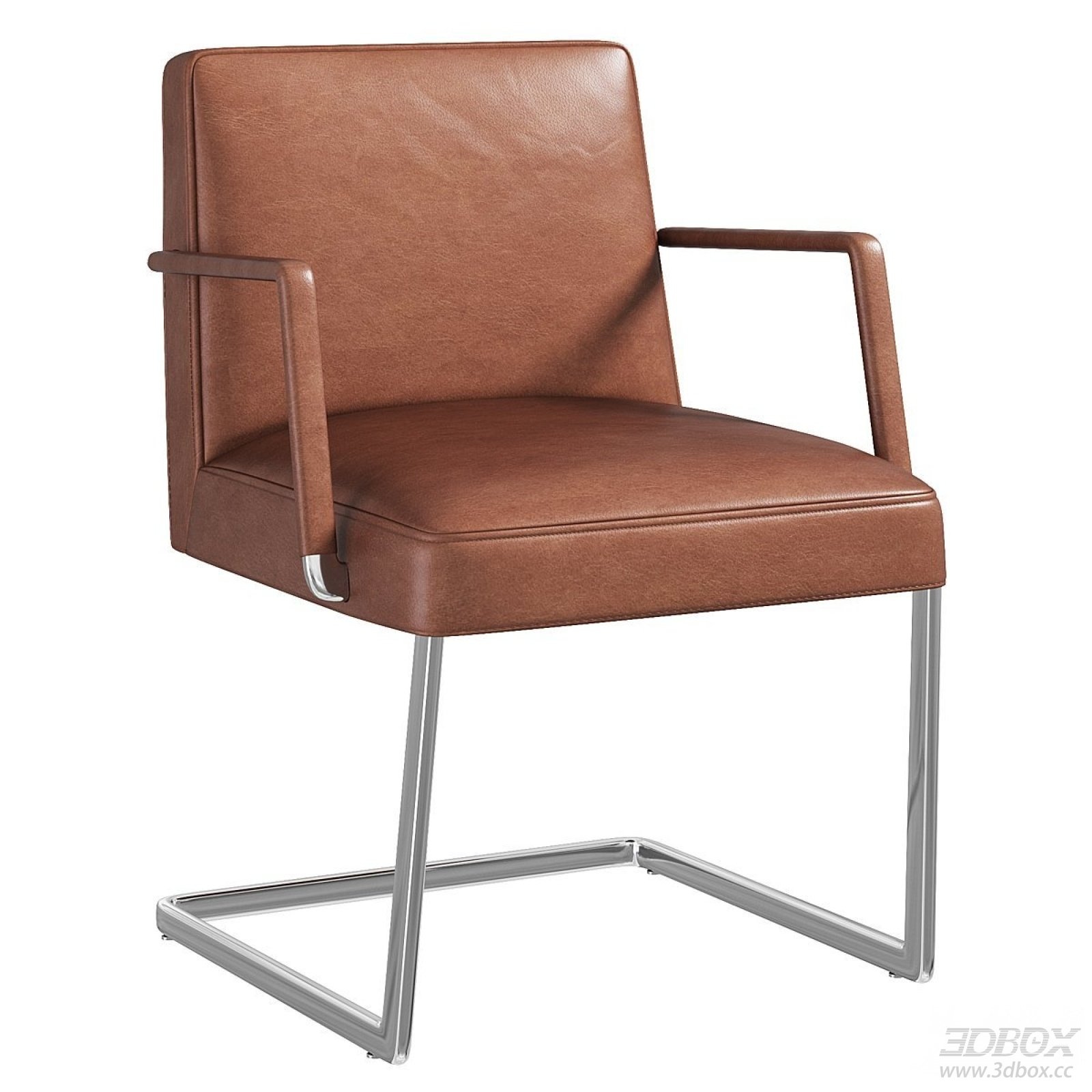 Modern Brown Leather Armchair with Metal Cantilever Base 3D model - front view