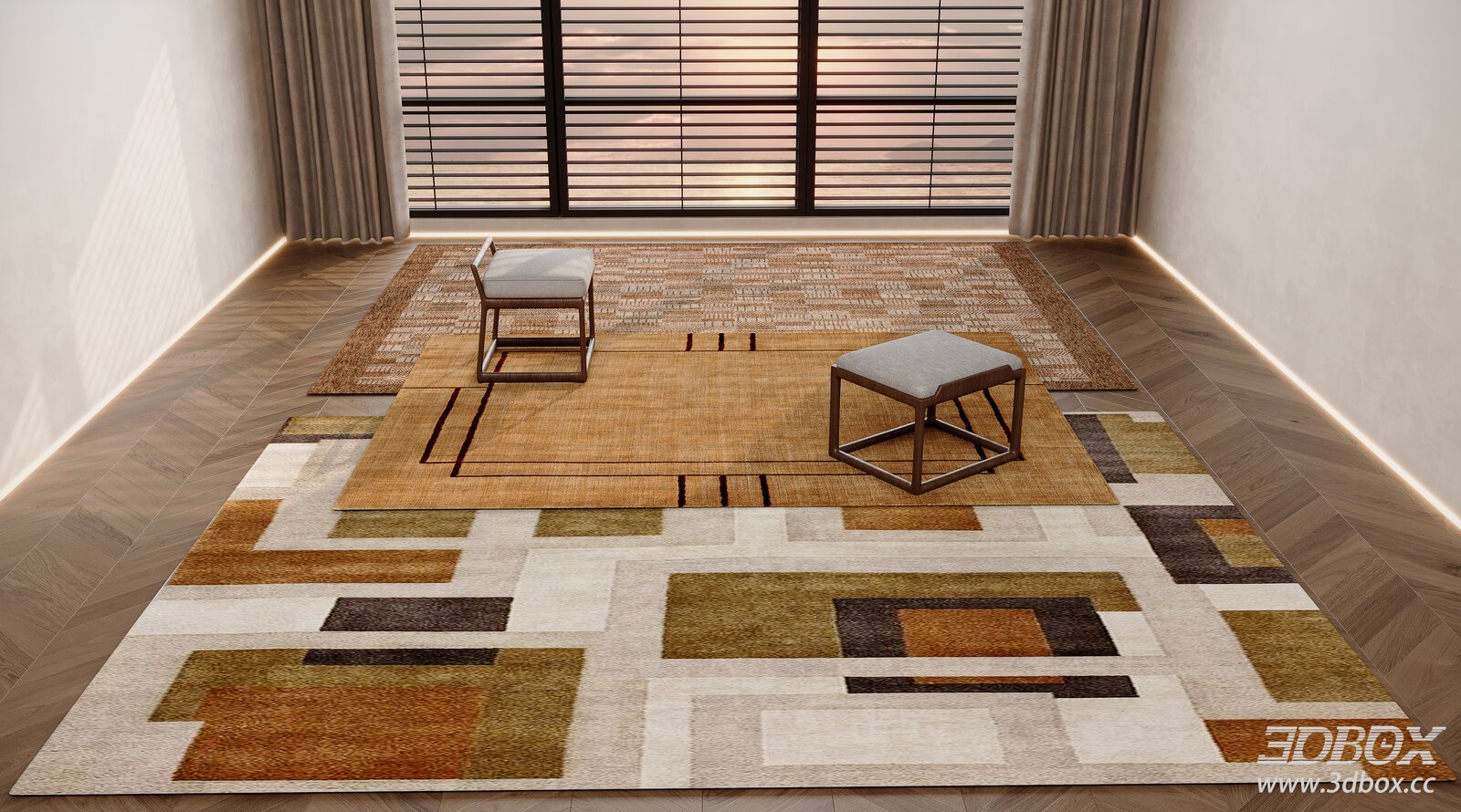Mid Century Modern Geometric Warm Tone Carpet Set 3D model - front view