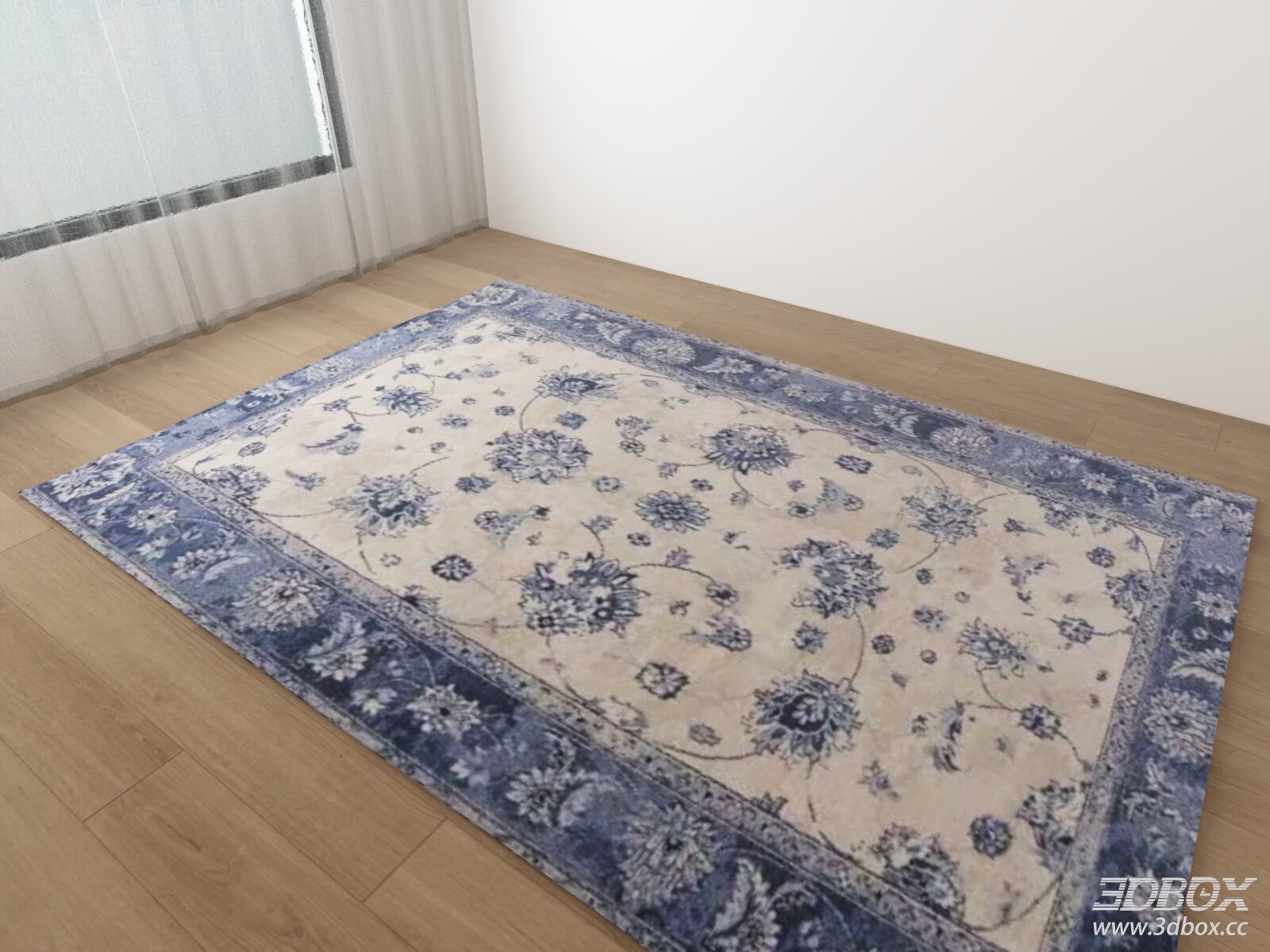 Vintage Blue Cream Floral Pattern Carpet 3D model - front view