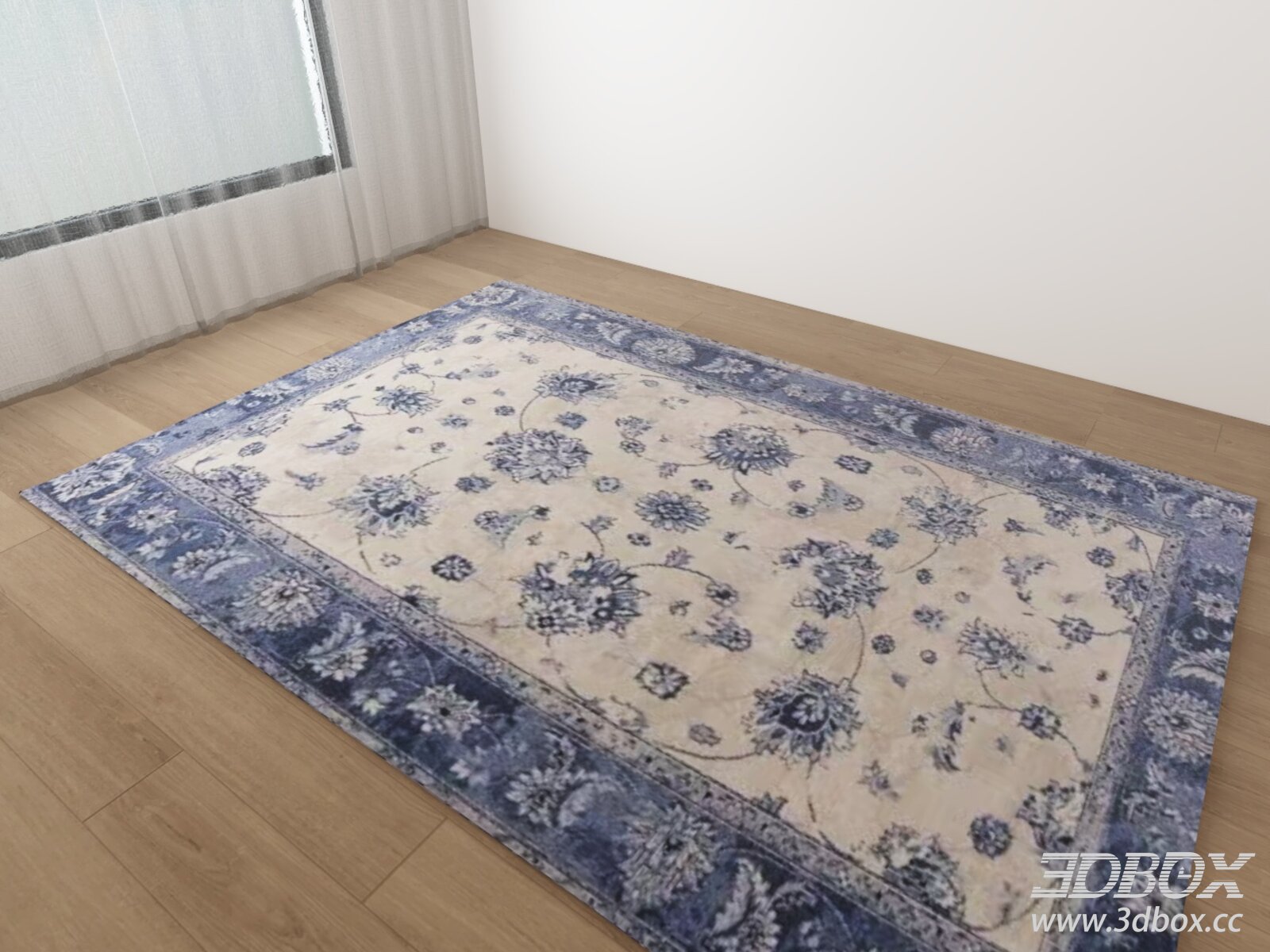 Vintage Blue Cream Floral Pattern Carpet 3D model - thumbnail 1