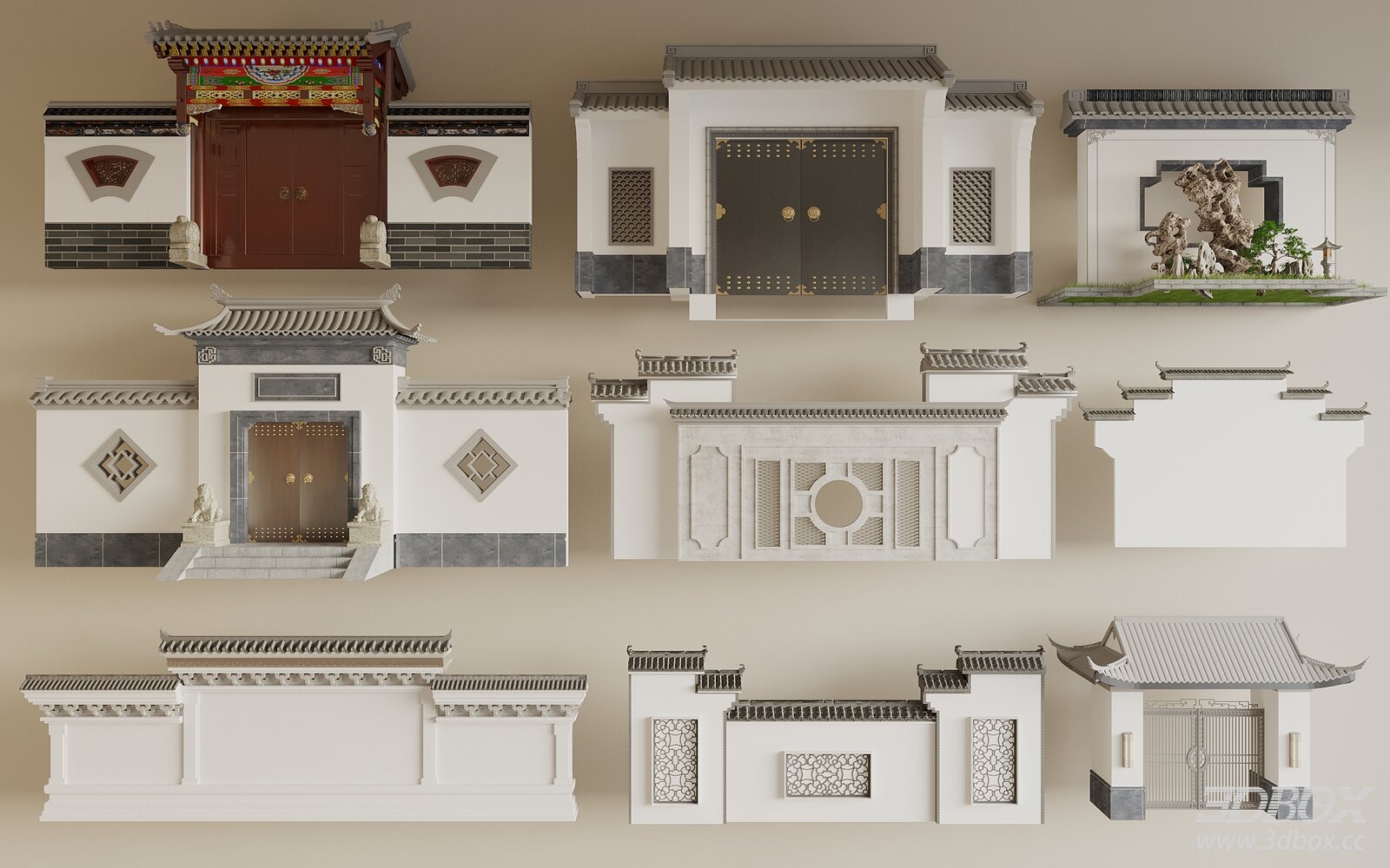 Chinese Huizhou Style Courtyard Gate Facade Set 3D model - front view