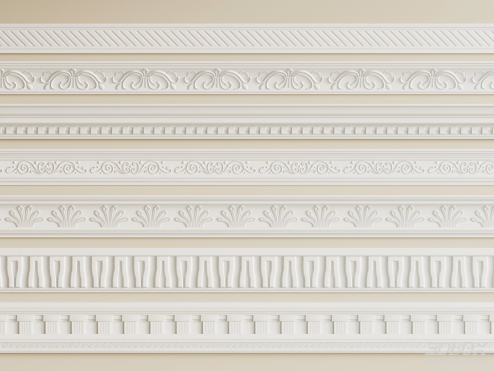 French Vintage Decorative Plaster Molding Set 3D model - front view