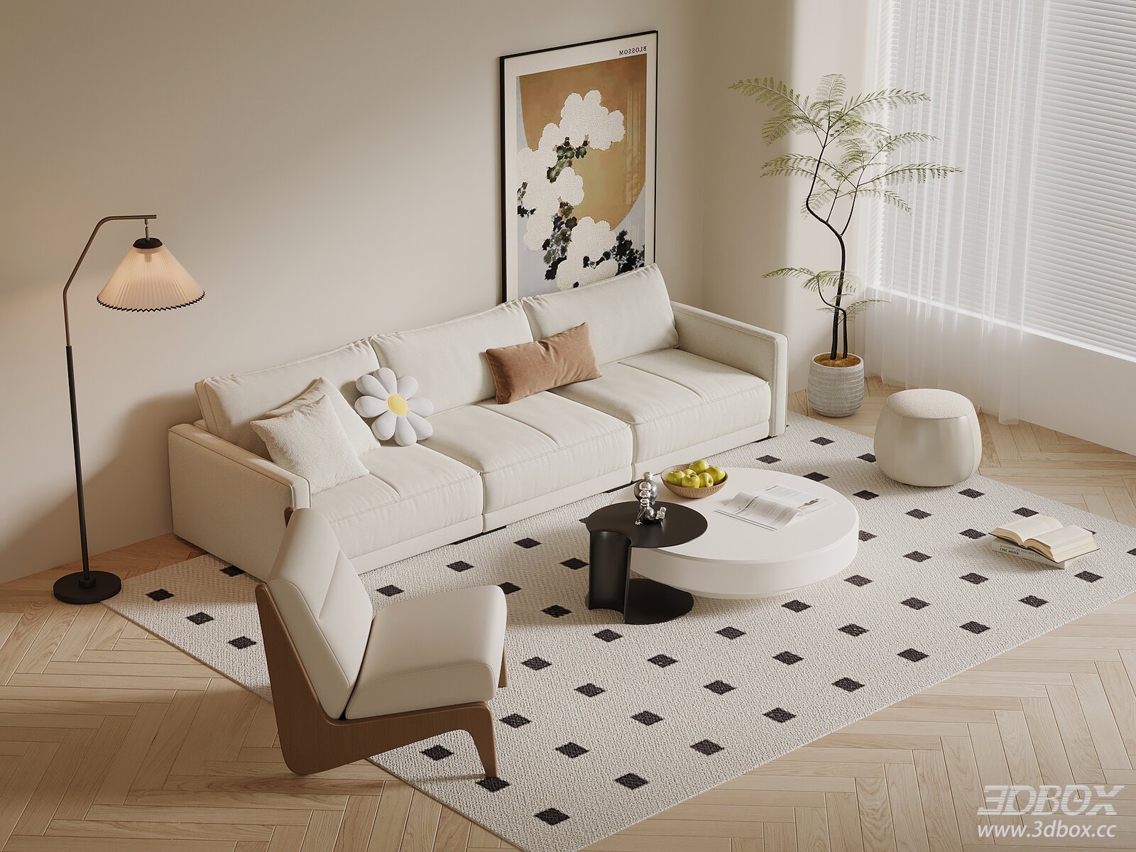Modern Cream Style Living Room Sofa and Coffee Table Set 3D model - front view