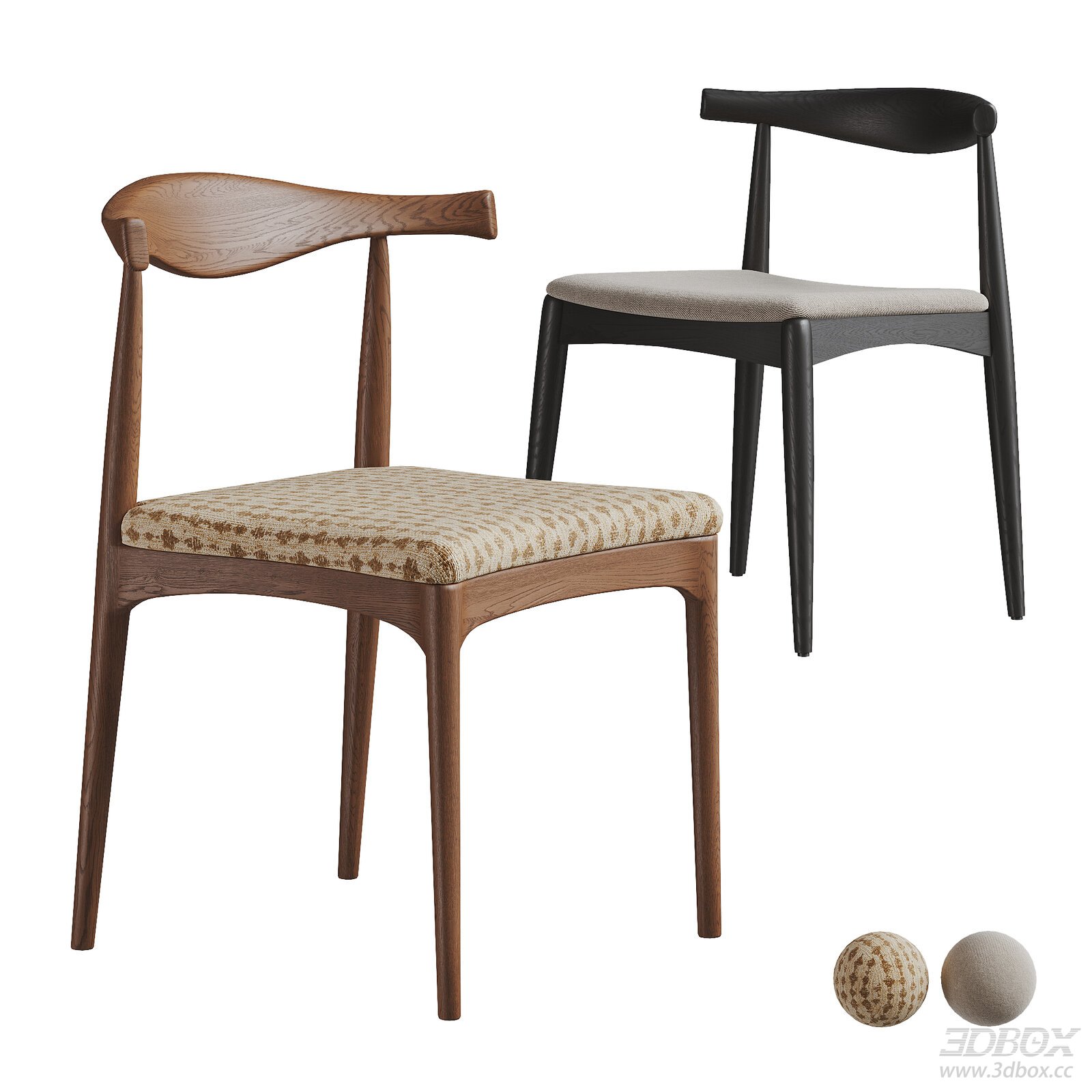 Wabi Sabi Vintage Wooden Dining Chair with Fabric Upholstery 3D model - front view