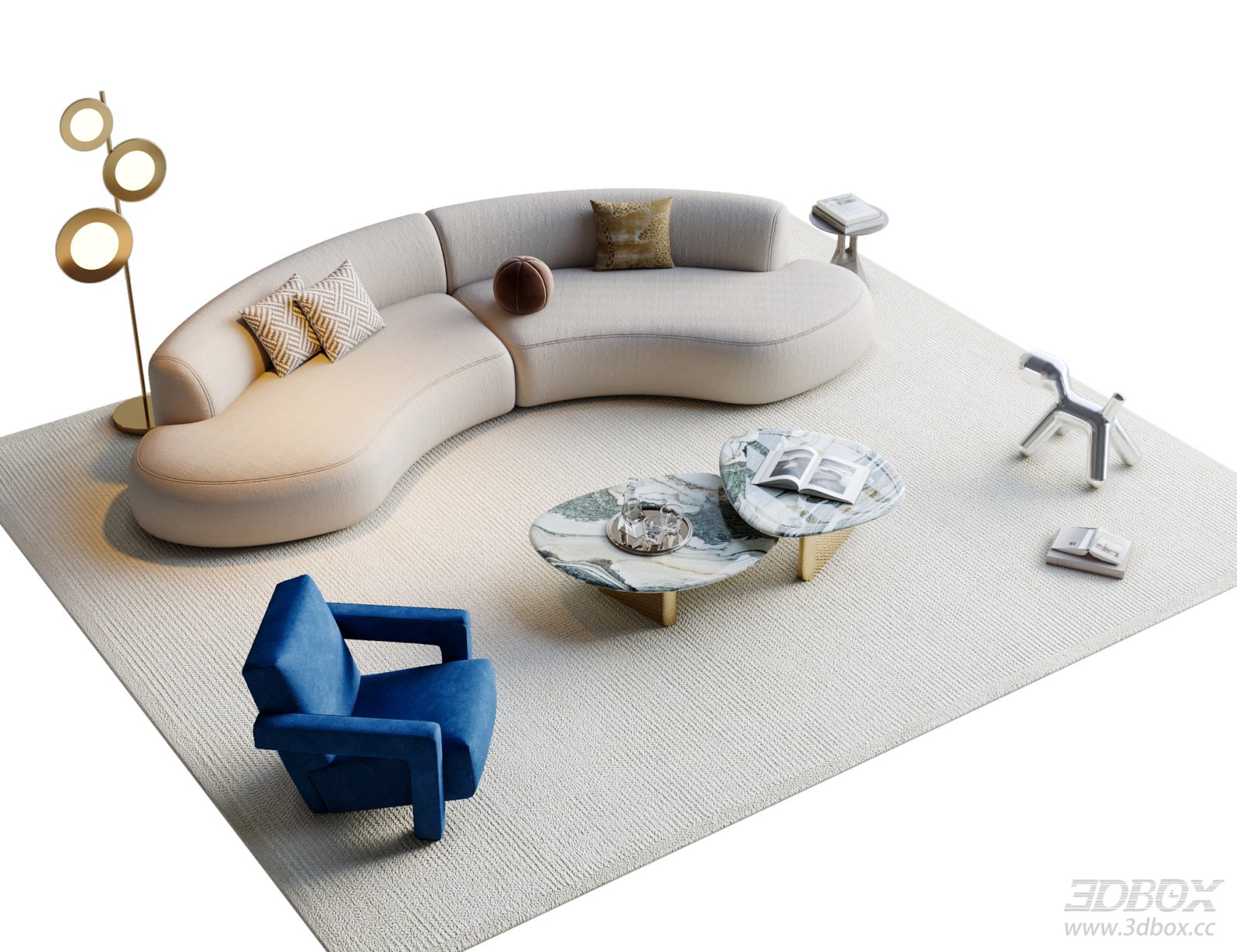 Modern Curved Sofa Set with Marble Coffee Tables and Armchair 3D model - front view