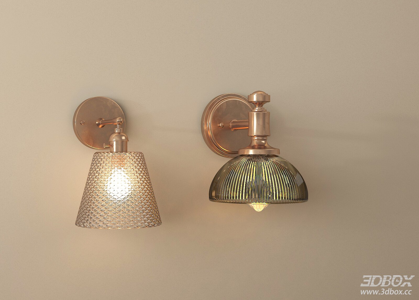 Vintage American Brass Glass Wall Sconce Set 3D model - front view