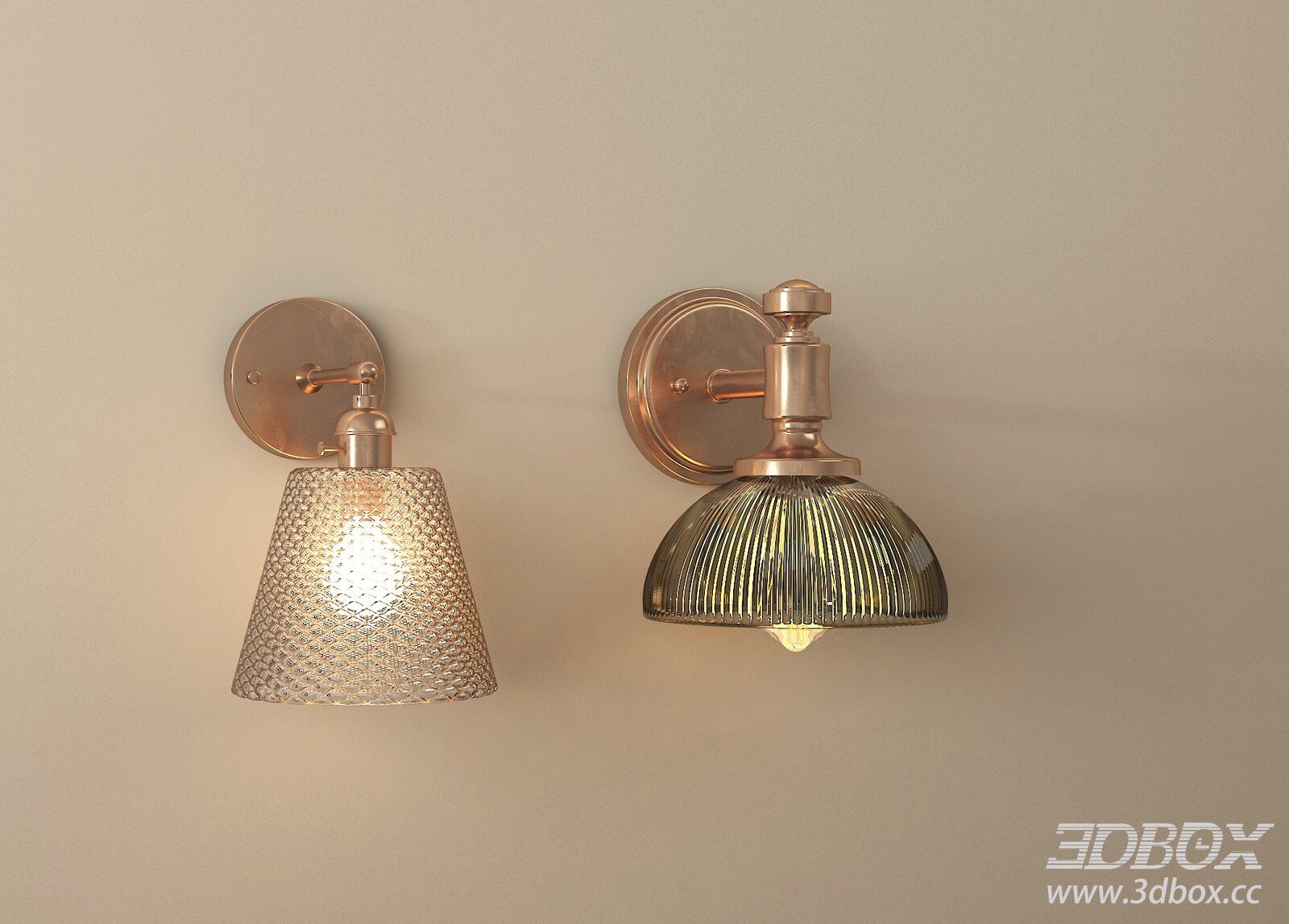 Vintage American Brass Glass Wall Sconce Set 3D model - thumbnail 1