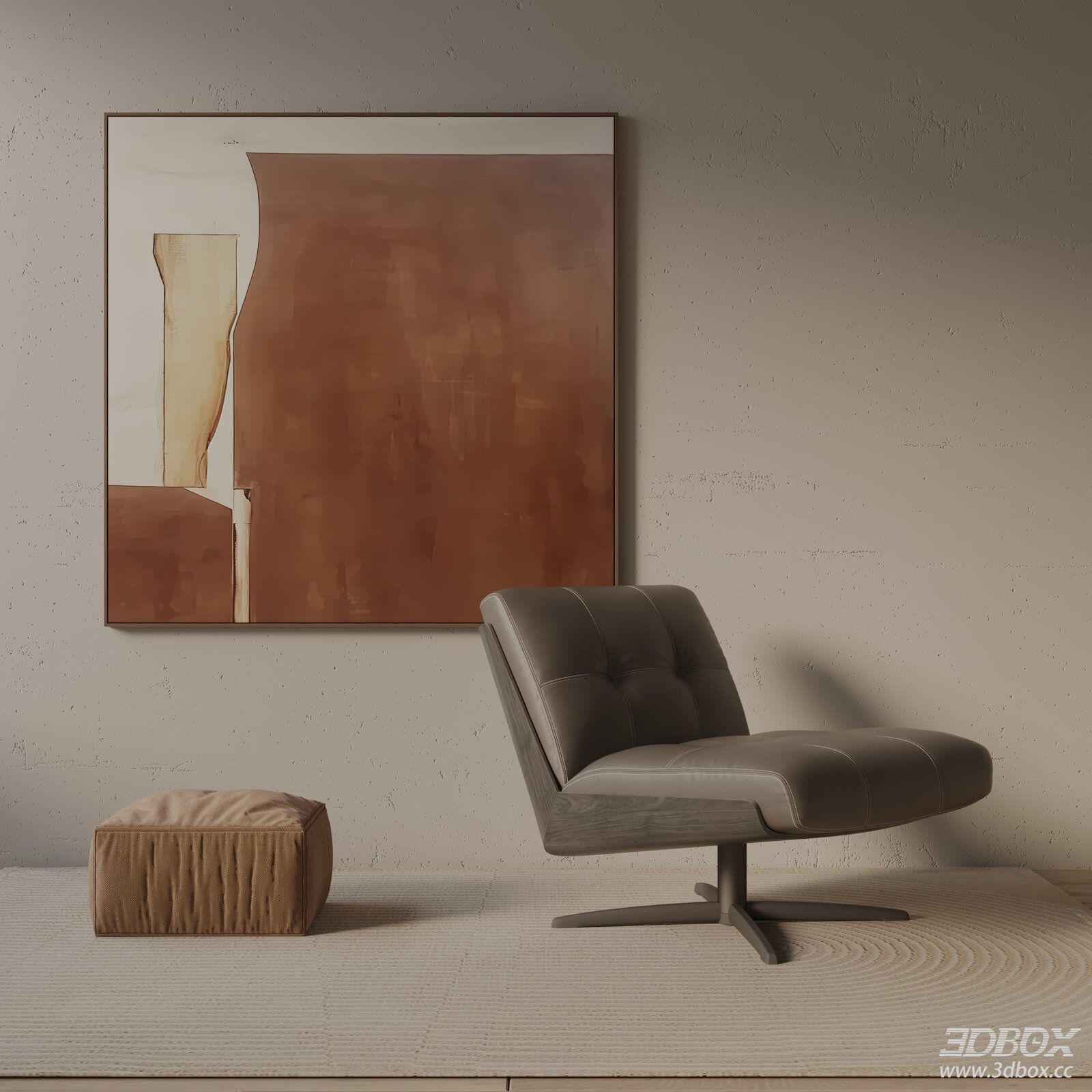 Modern Leather Lounge Armchair with Ottoman 3D model - front view