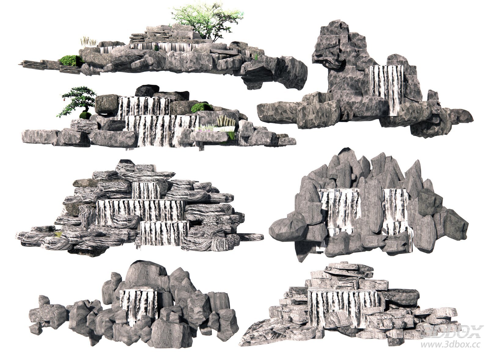Chinese Style Rockery Waterfall Landscape Set 3D model - front view