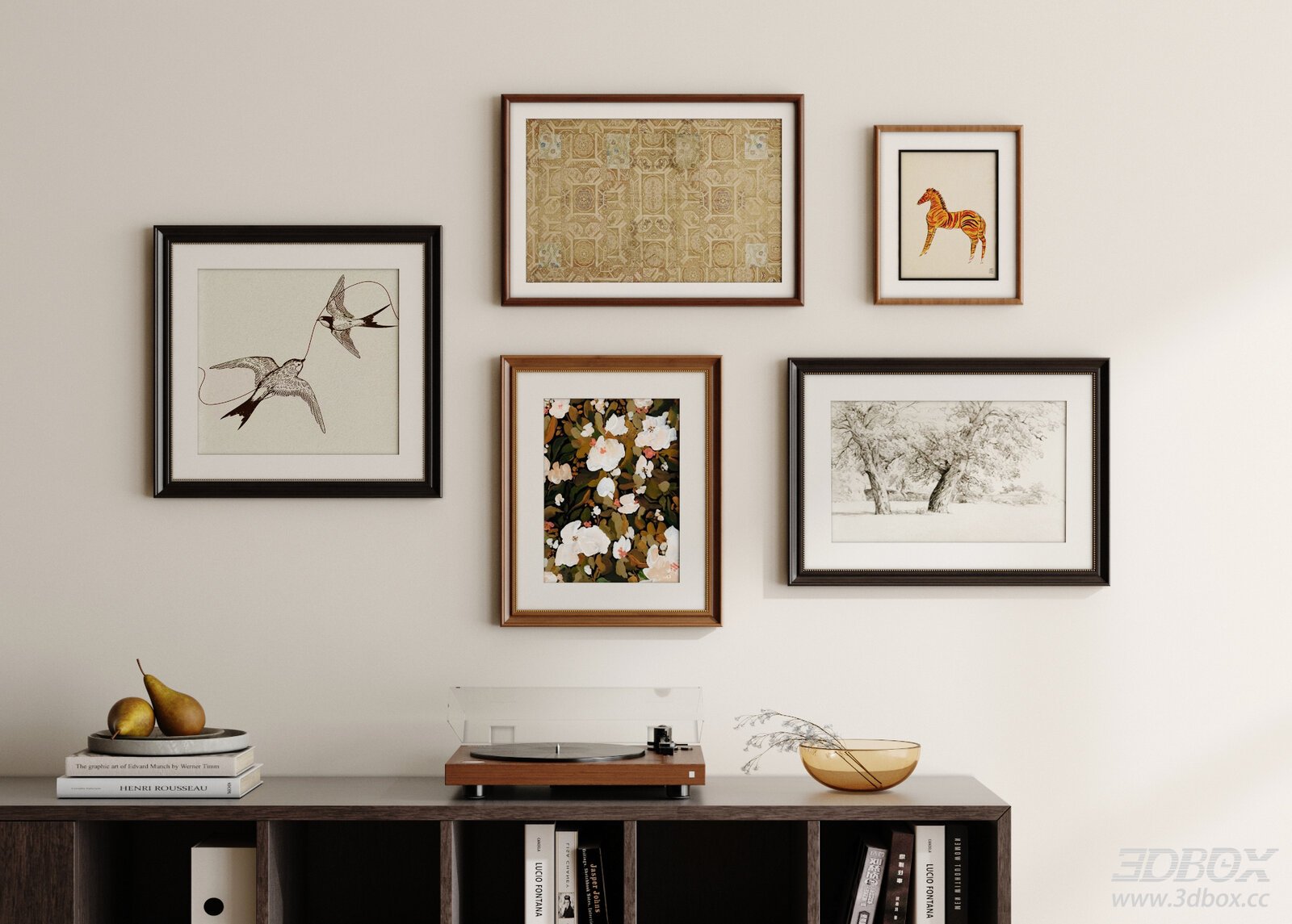 Vintage French Mid-century Framed Wall Art Set 3D model - front view