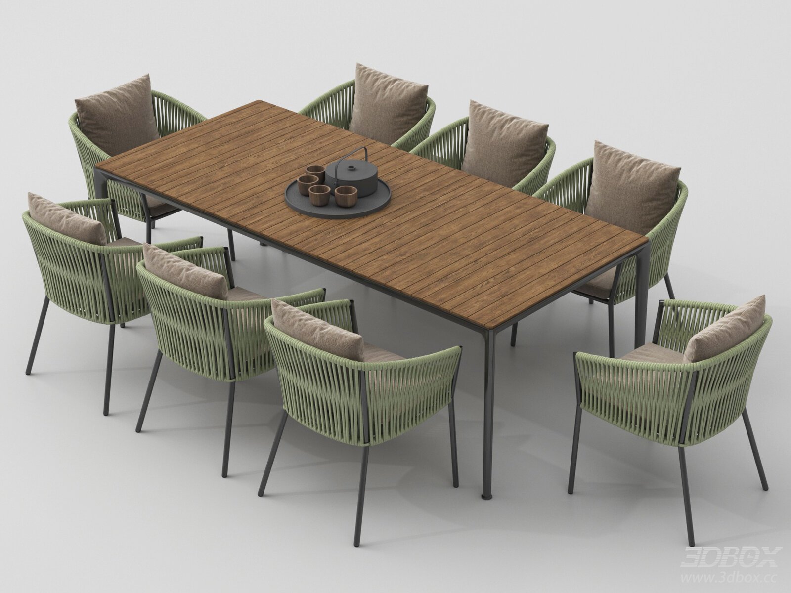 Modern Outdoor Dining Table and Rattan Chairs Set 3D model - front view