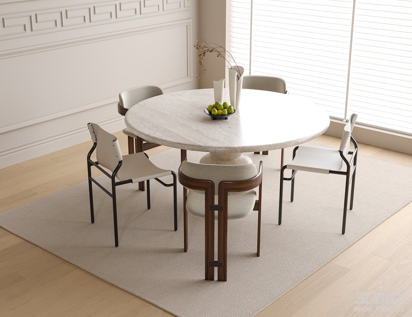 Modern Round Marble Dining Table and Chairs Set 3D model - front view