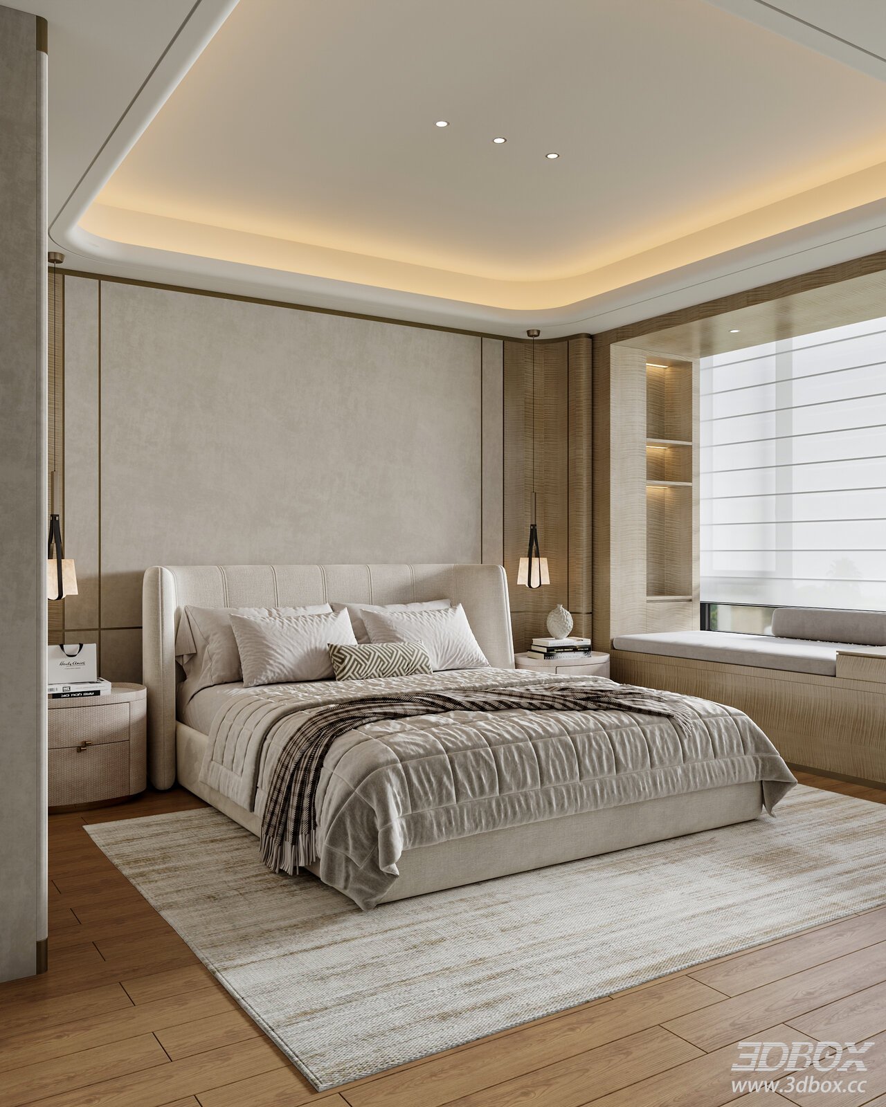 Luxury Light Style Master Bedroom Interior Scene 3D model - front view