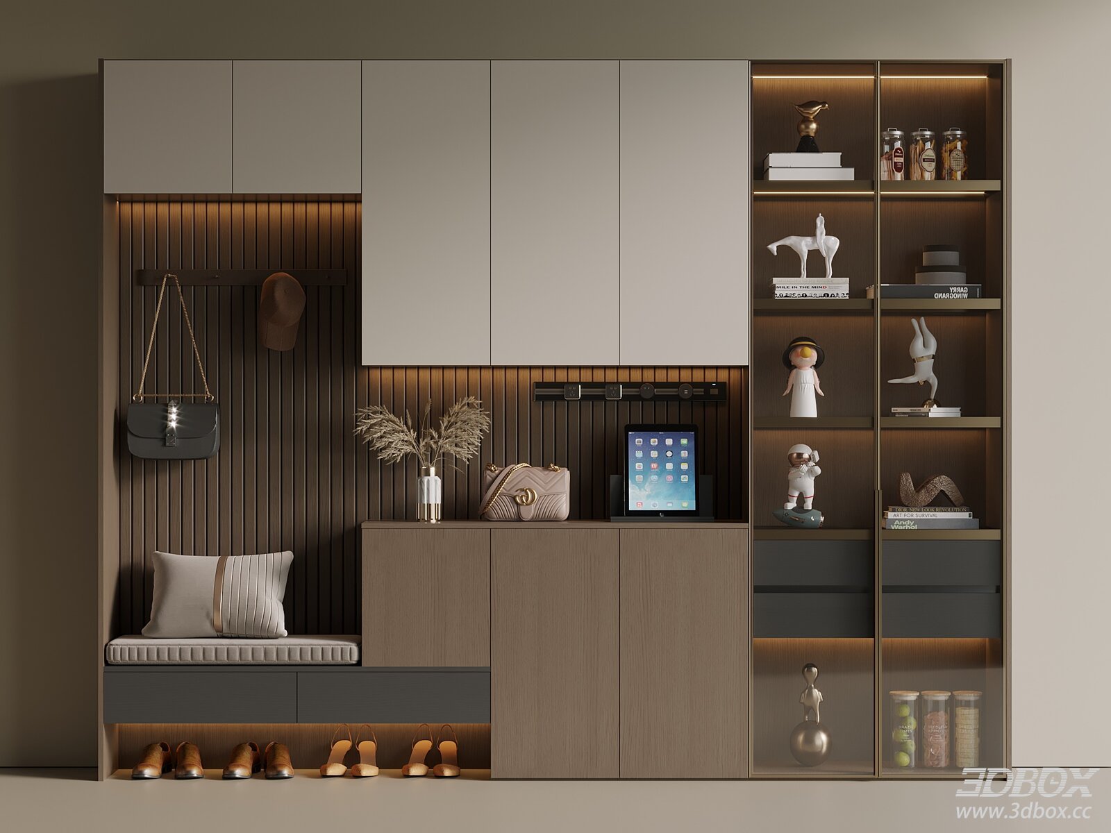 Modern Italian Mid-century Hallway Shoe Storage Cabinet 3D model - front view