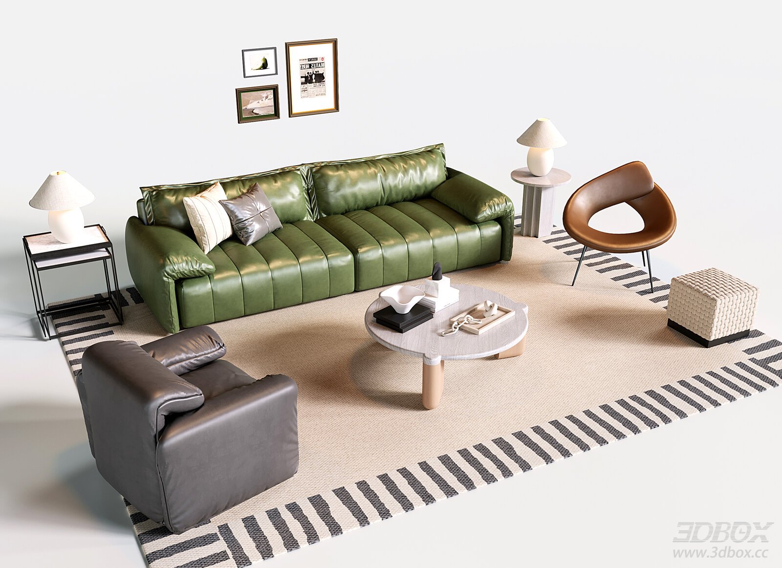 Italian Style Leather Sofa Set with Coffee Table 3D model - front view