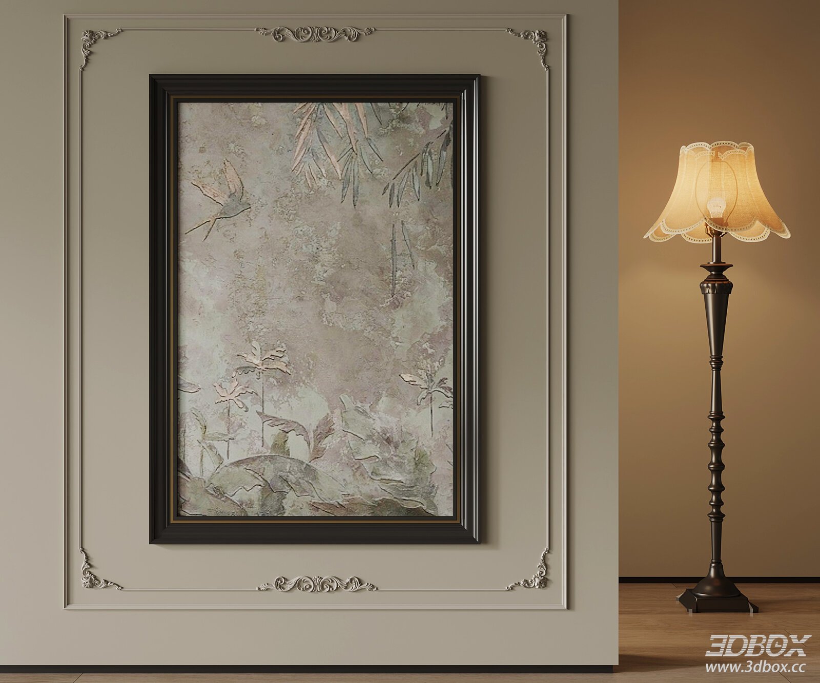 French Vintage Decorative Painting and Floor Lamp Set 3D model - front view
