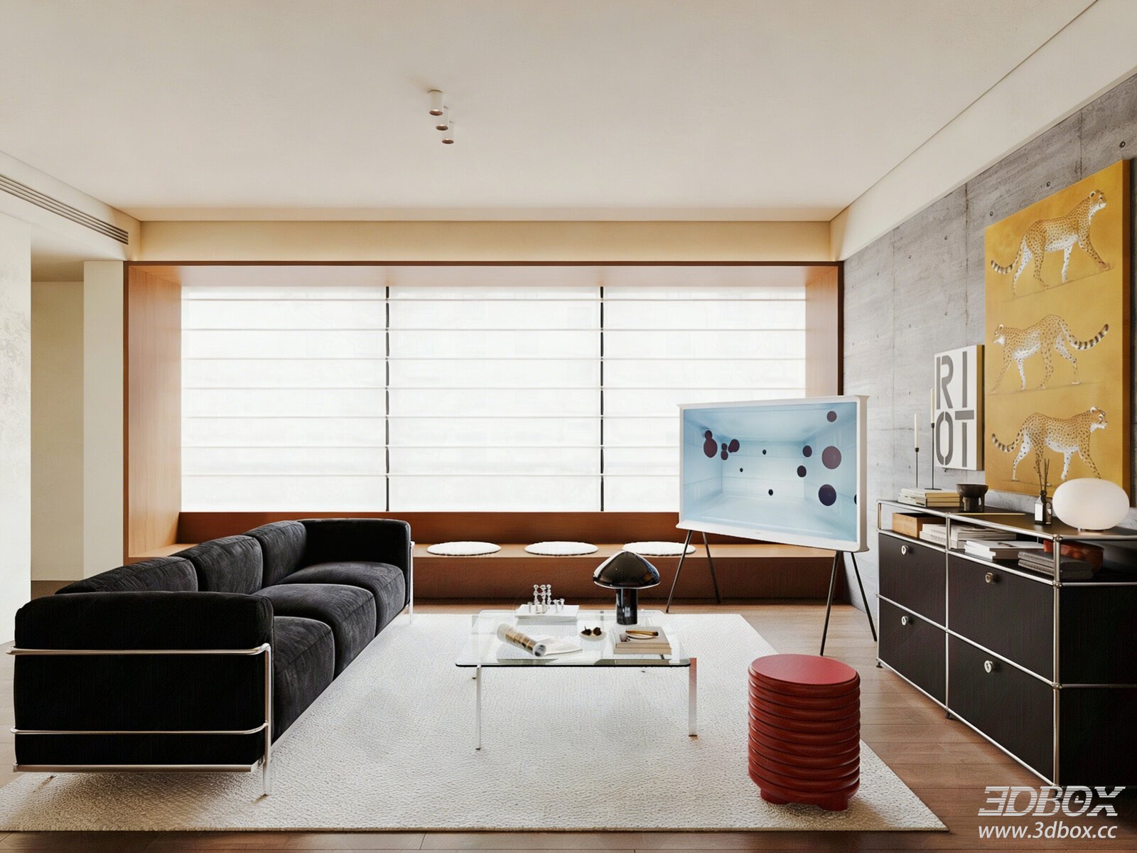 Modern Mid-century Bauhaus Minimalist Living Room with Sofa Coffee Table Set 3D model - front view