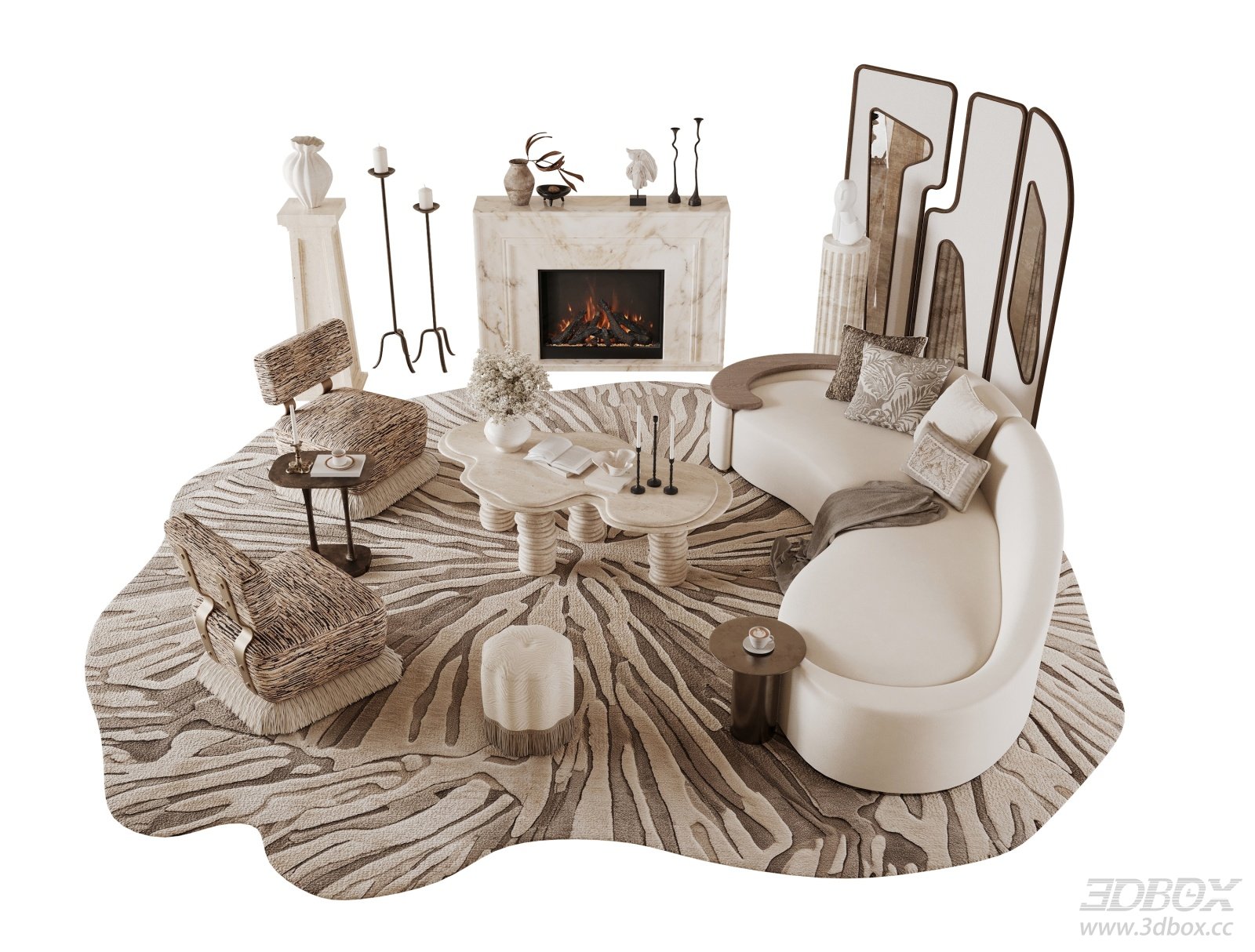 French Style Curved Sofa Coffee Table Living Room Set 3D model - front view