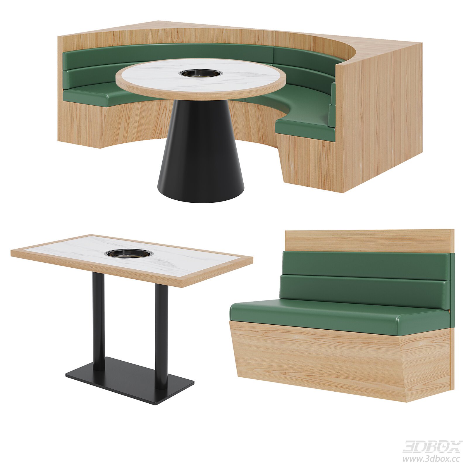 Modern Wood Marble Hot Pot Booth Dining Set 3D model - front view