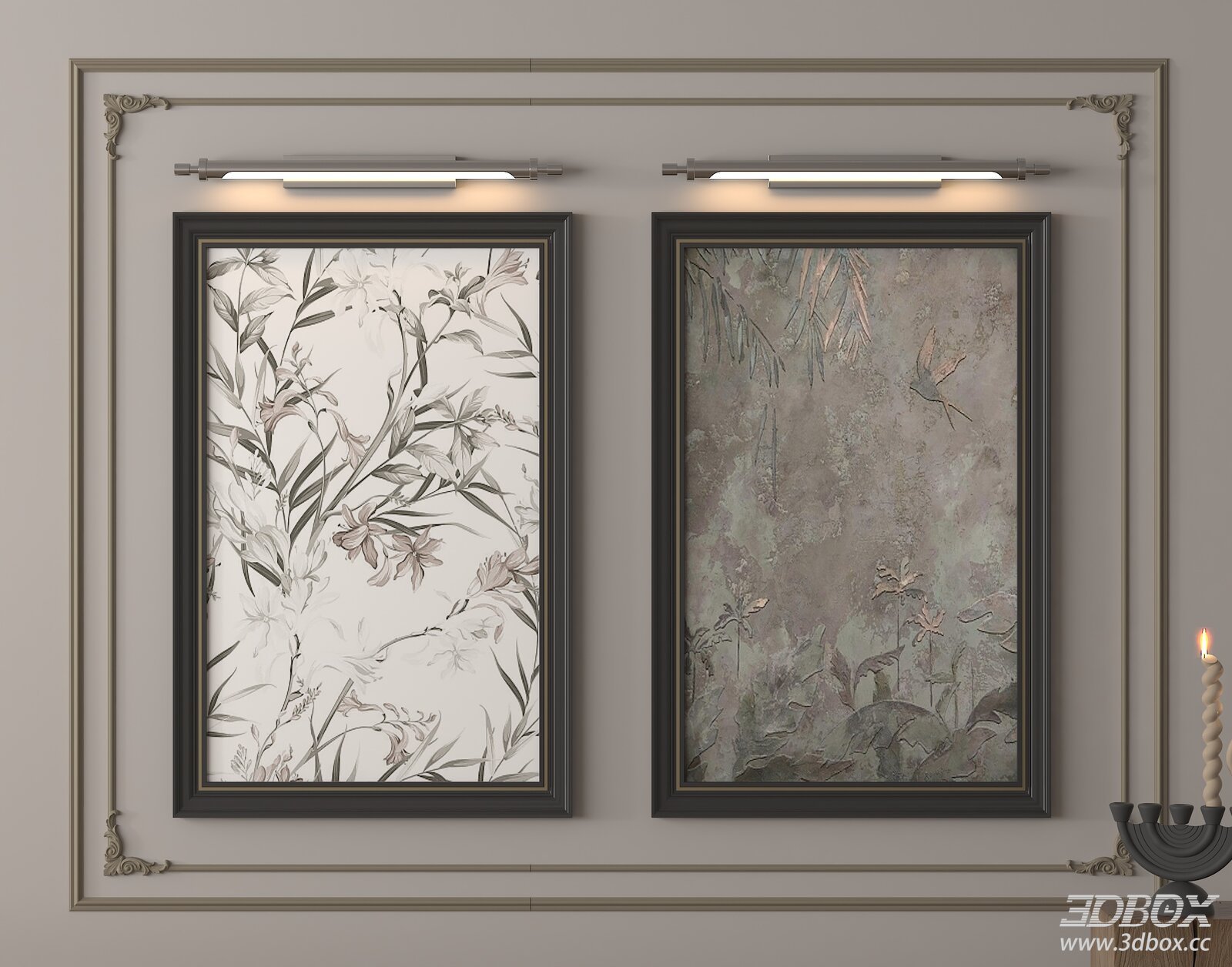 French Style Floral Decorative Wall Art Set 3D model - front view