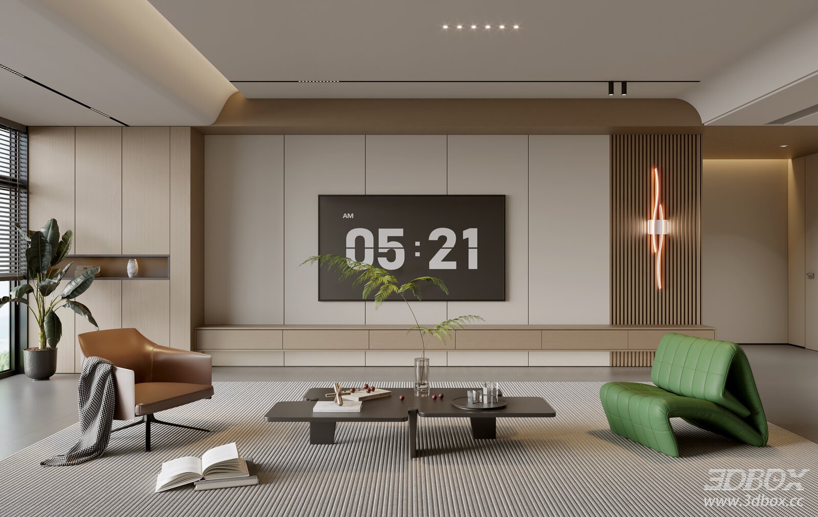Modern Minimalist Living Room with TV Wall and Armchairs 3D model - front view