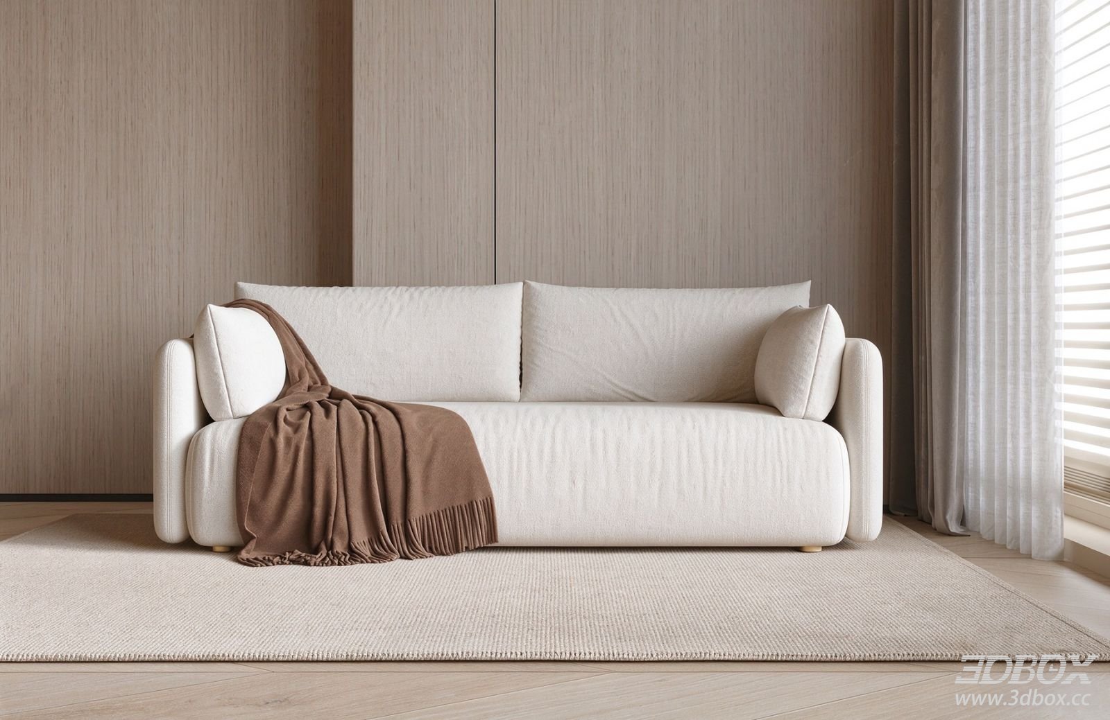Modern Minimalist Fabric Beige Sofa Set for Living Room 3D model - front view