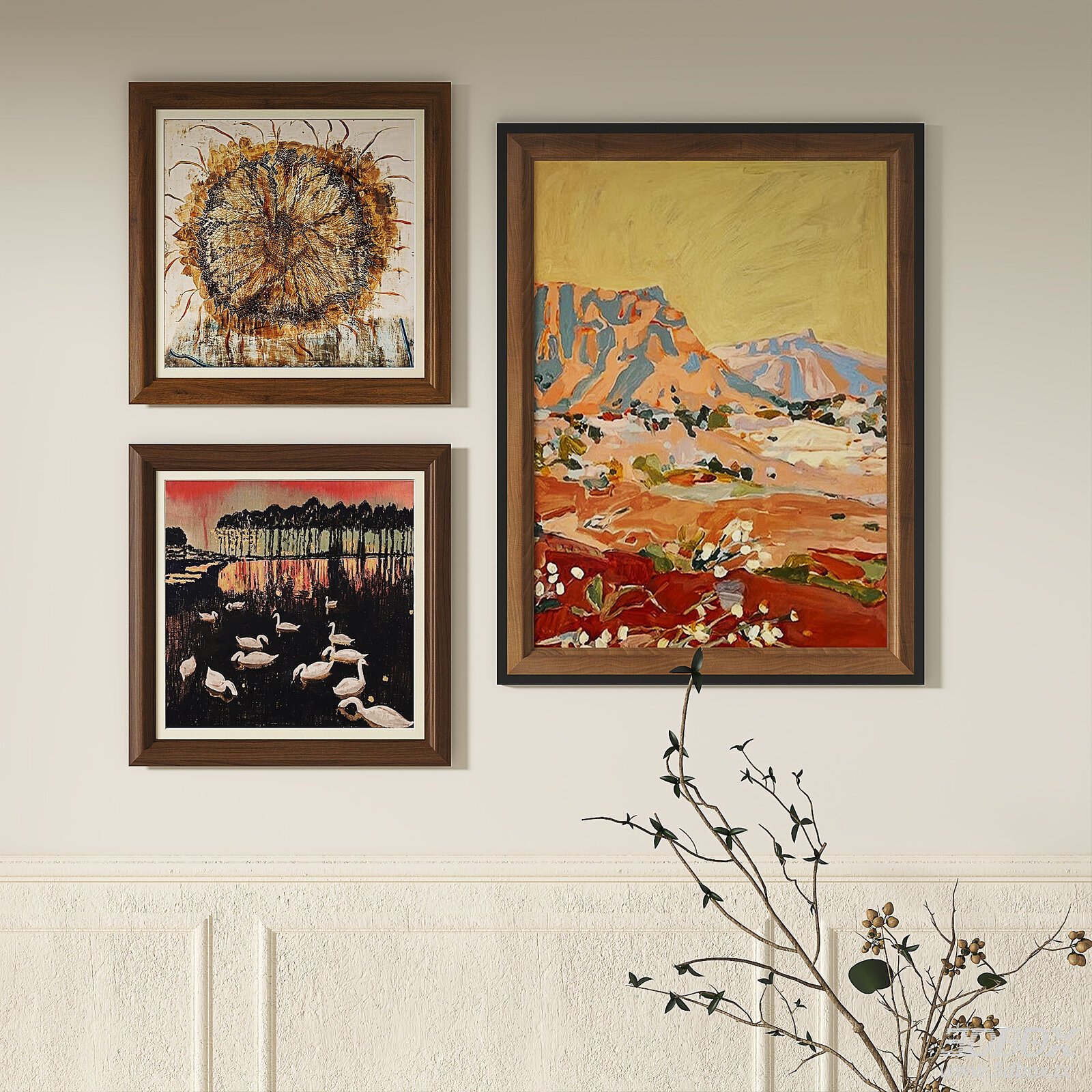 Vintage French Style Decorative Wall Painting Set Wooden Frame 3D model - front view