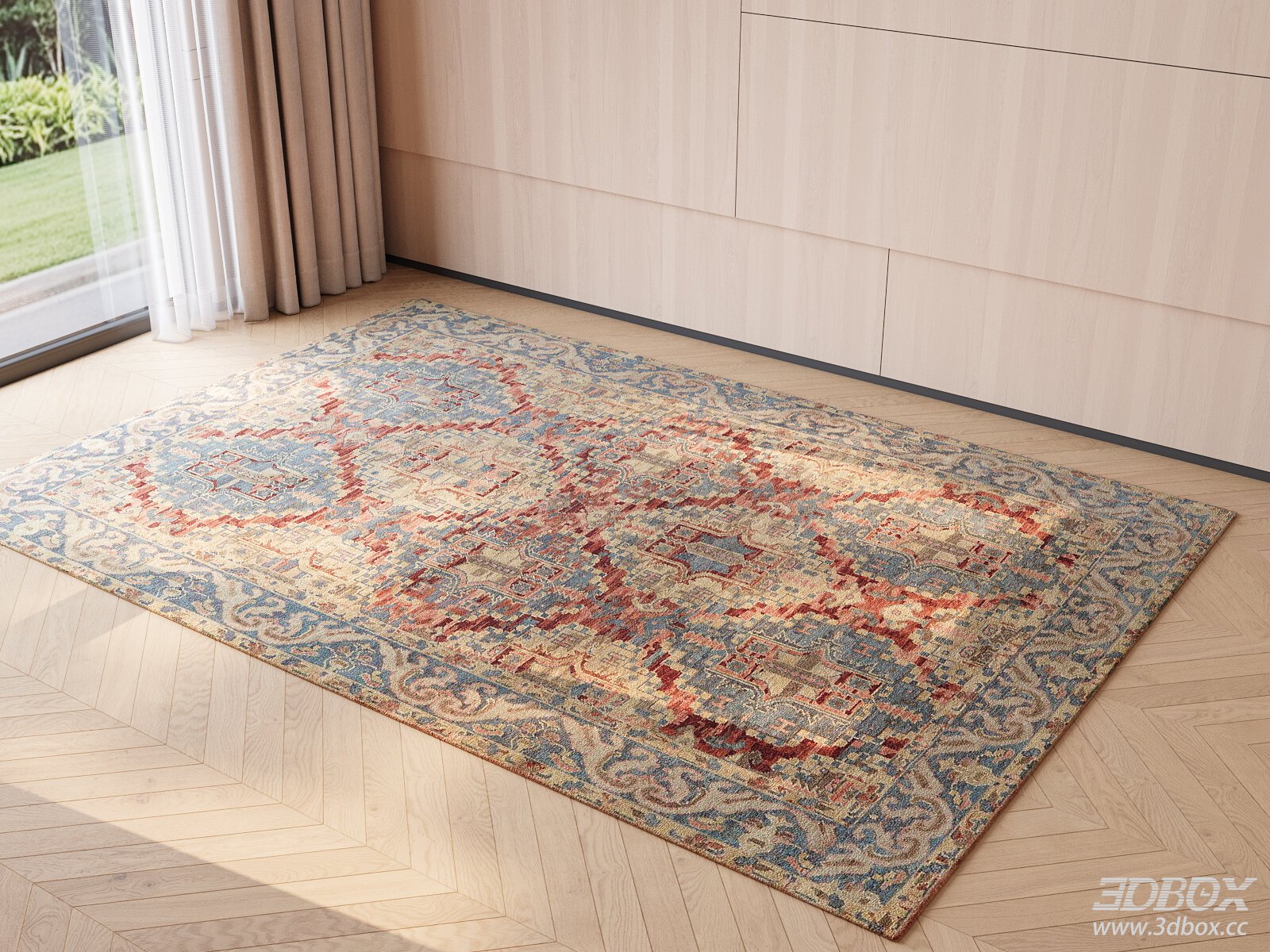 Vintage Patterned Wool Carpet for Living Room and Bedroom 3D model - front view