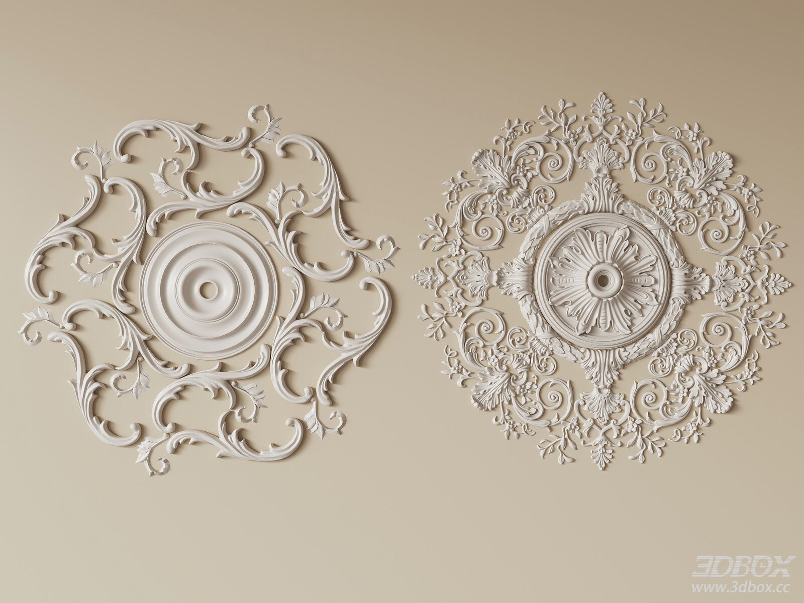French Style Carved Plaster Ceiling Rosette Set 3D model - front view