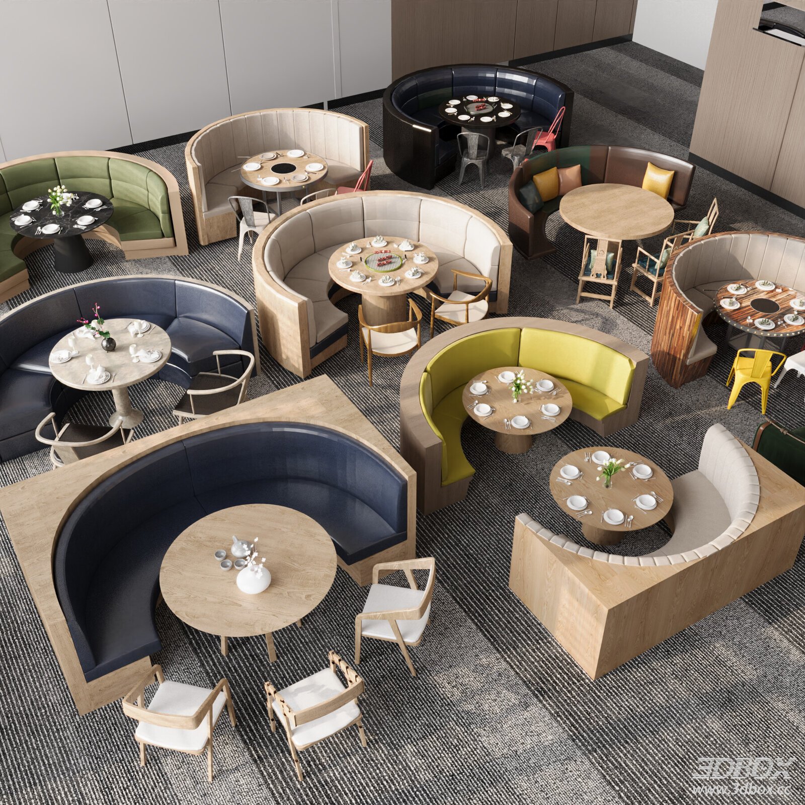 Modern Curved Restaurant Booth Seating Dining Table Sets 3D model - front view