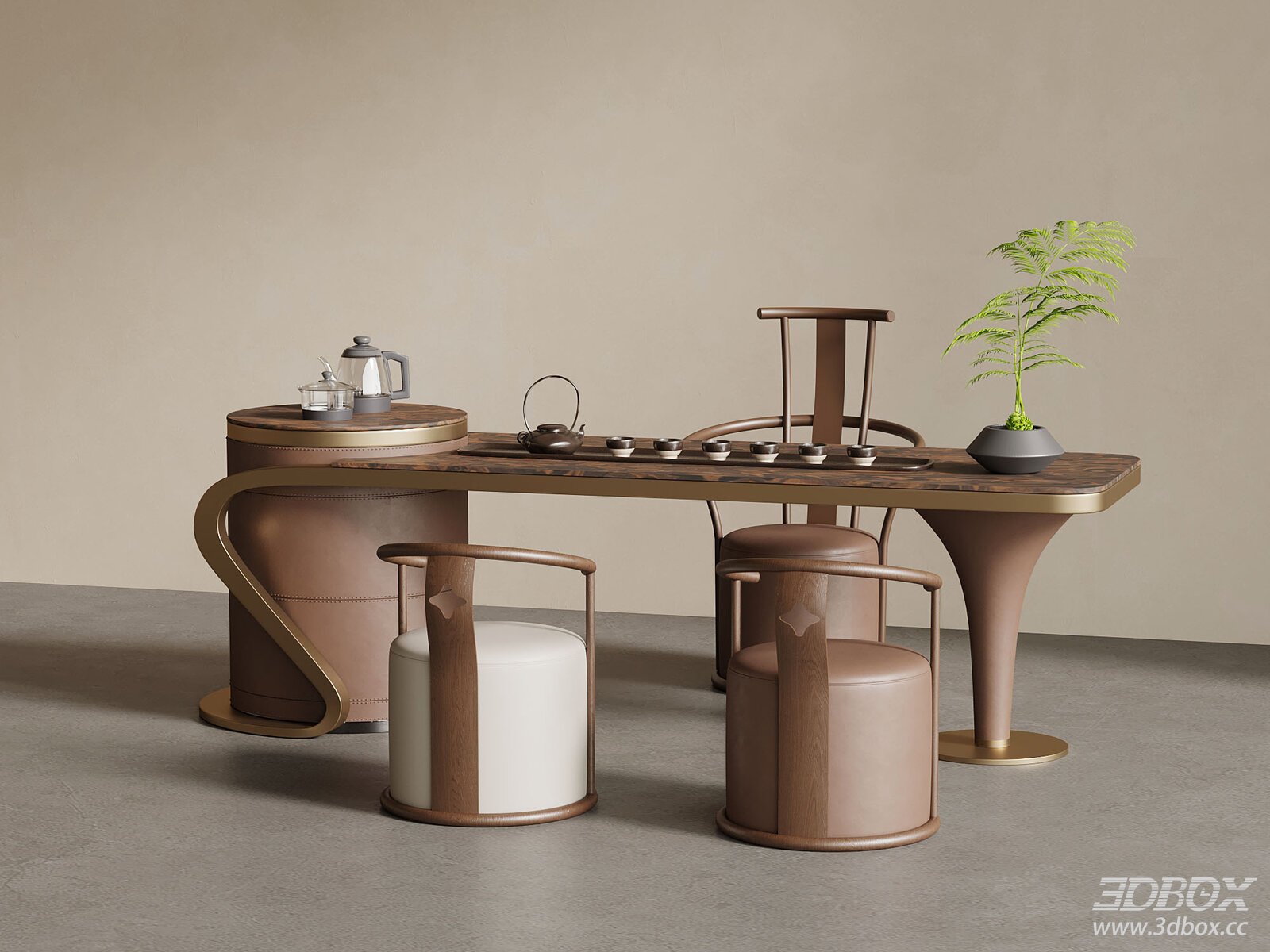 Luxury New Chinese Style Tea Table and Chair Set 3D model - front view