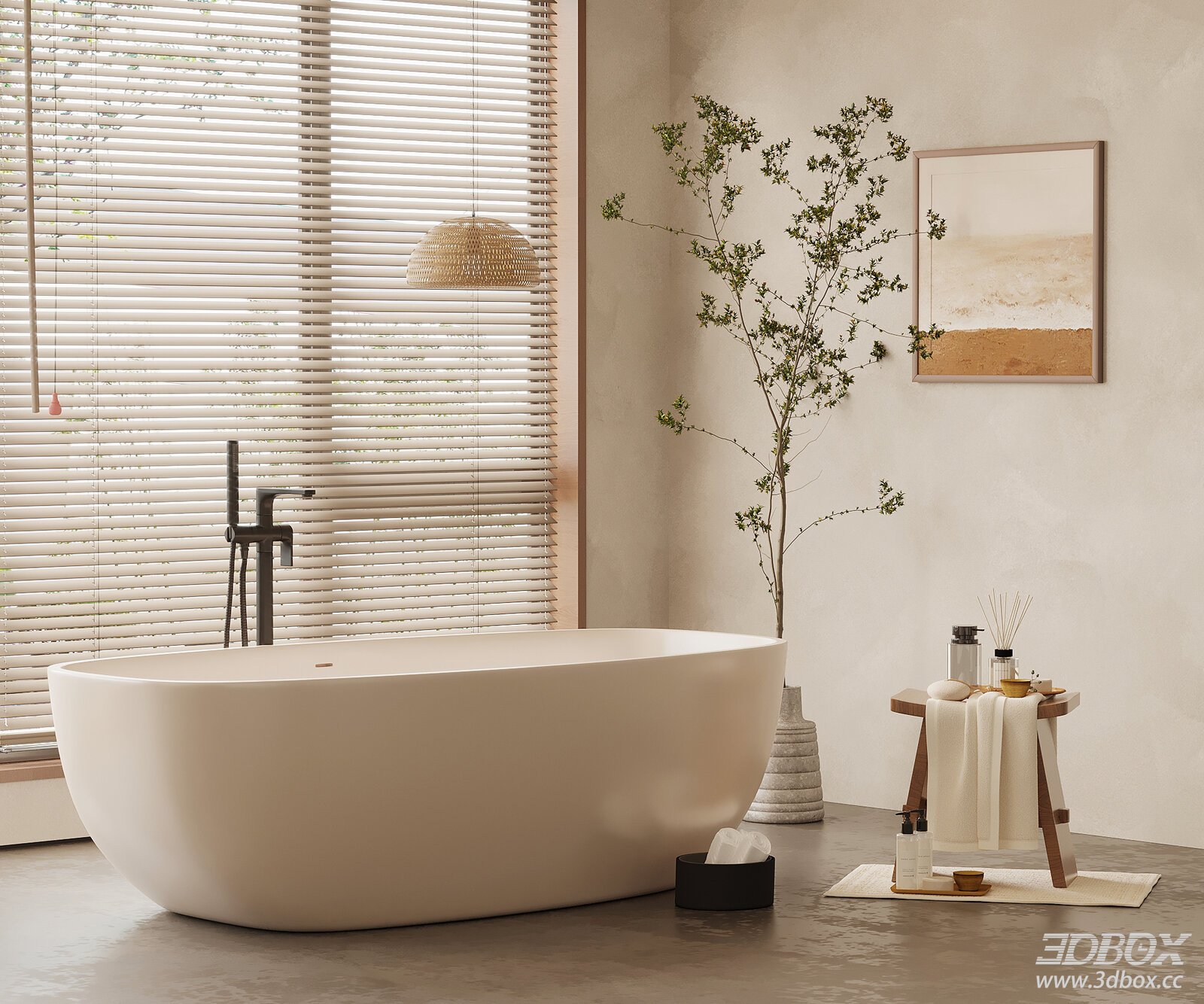 Wabi Sabi Style Bathroom Scene With Freestanding Bathtub 3D model - front view