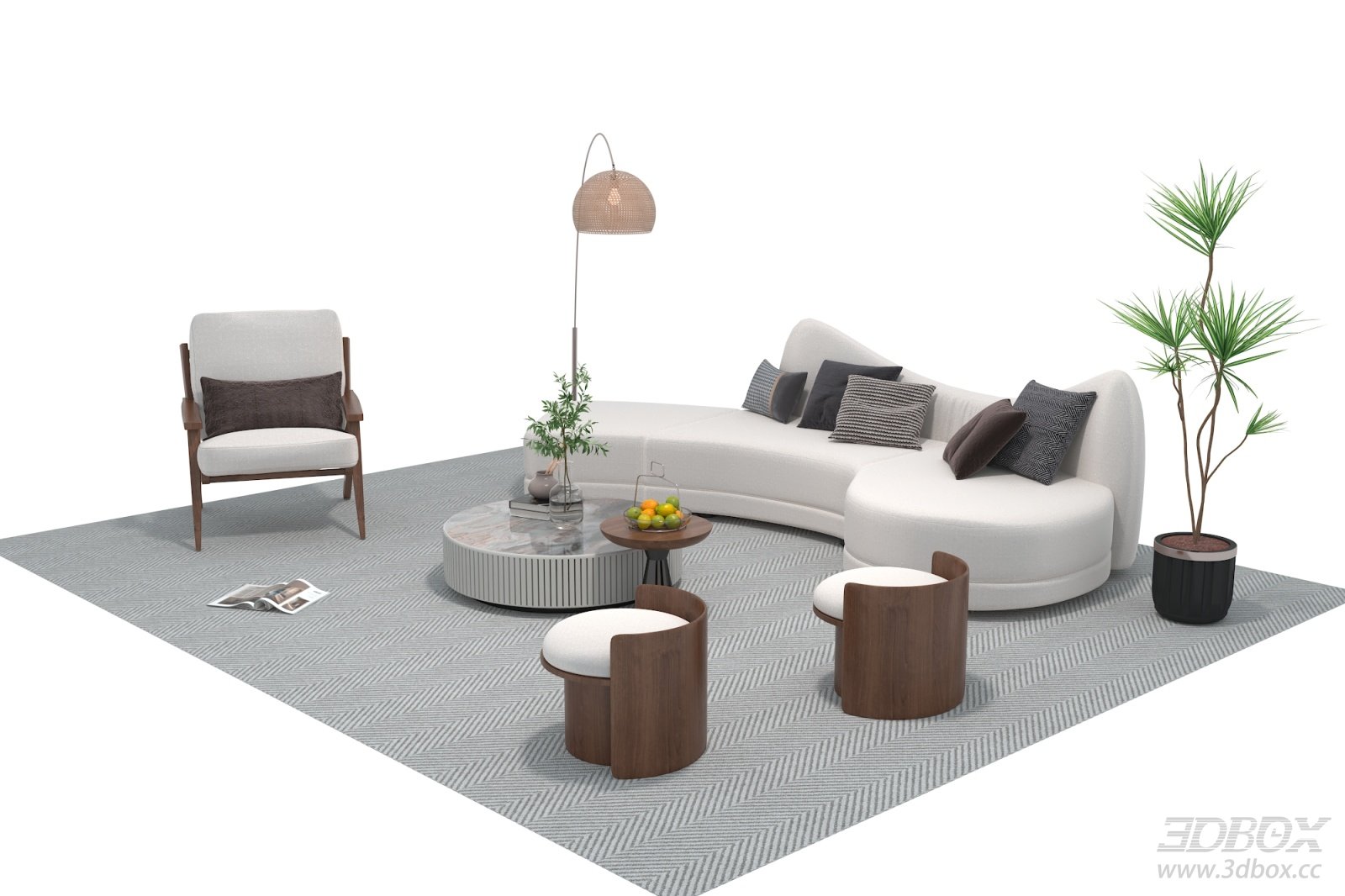 Modern Curved Fabric Sofa Set with Coffee Table and Armchairs 3D model - front view