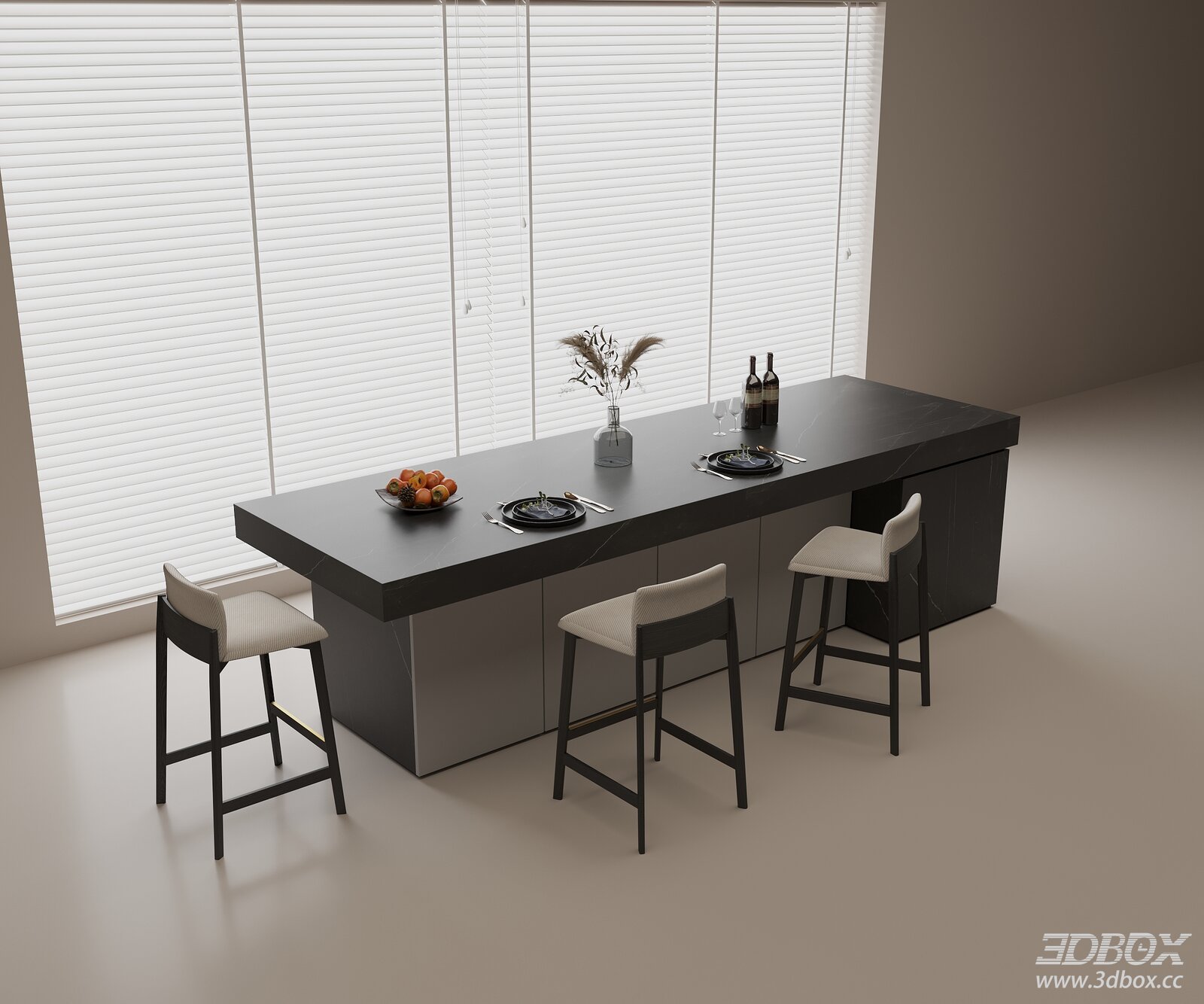 Modern Marble Kitchen Island Bar Counter with Bar Stools 3D model - front view